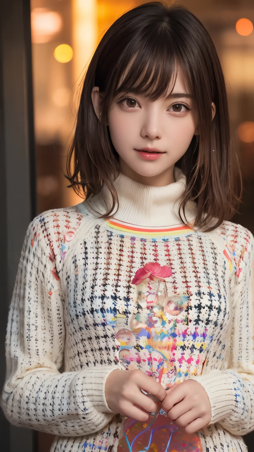 floating, (High saturation), (background, (Colorful Splash:1.3), (Colorful bubbles:1.3), (The Shining:1.3), (Colorful flowers:1.3), (Colorful Neon:1.3)), break, (One girl), (18-year-old), Very beautiful detailed face, Laugh shyly, Symmetrical black eyes, Small breasts), break, (Red houndstooth coat:1.4), (Off-white turtleneck sweater dress:1.3), Dark brown hair, Half Up, (Beautiful Face:1.2), break, high quality, Realistic, very detailed CG synthesis 8k wallpaper, Very detailed, High-resolution RAW color photos, Professional photography, Realistic portrait, Cinematic Light, Beautiful details, Super Detail, Attention to detail, (((Bokeh))), Depth of written boundary, illumination, Super stylish lighting