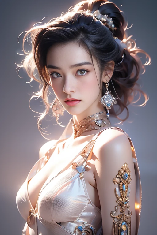 ((best quality))、((Masterpiece))、((Highest resolution photography))、details、GdClth、Balanced light,hips up,(ความสมจริงของภาพถ่าย photo realistic3d,)((Surreal realism))Young woman in a bikini, cyber-robotics,precise anatomy,Imagination,Surreal realism,