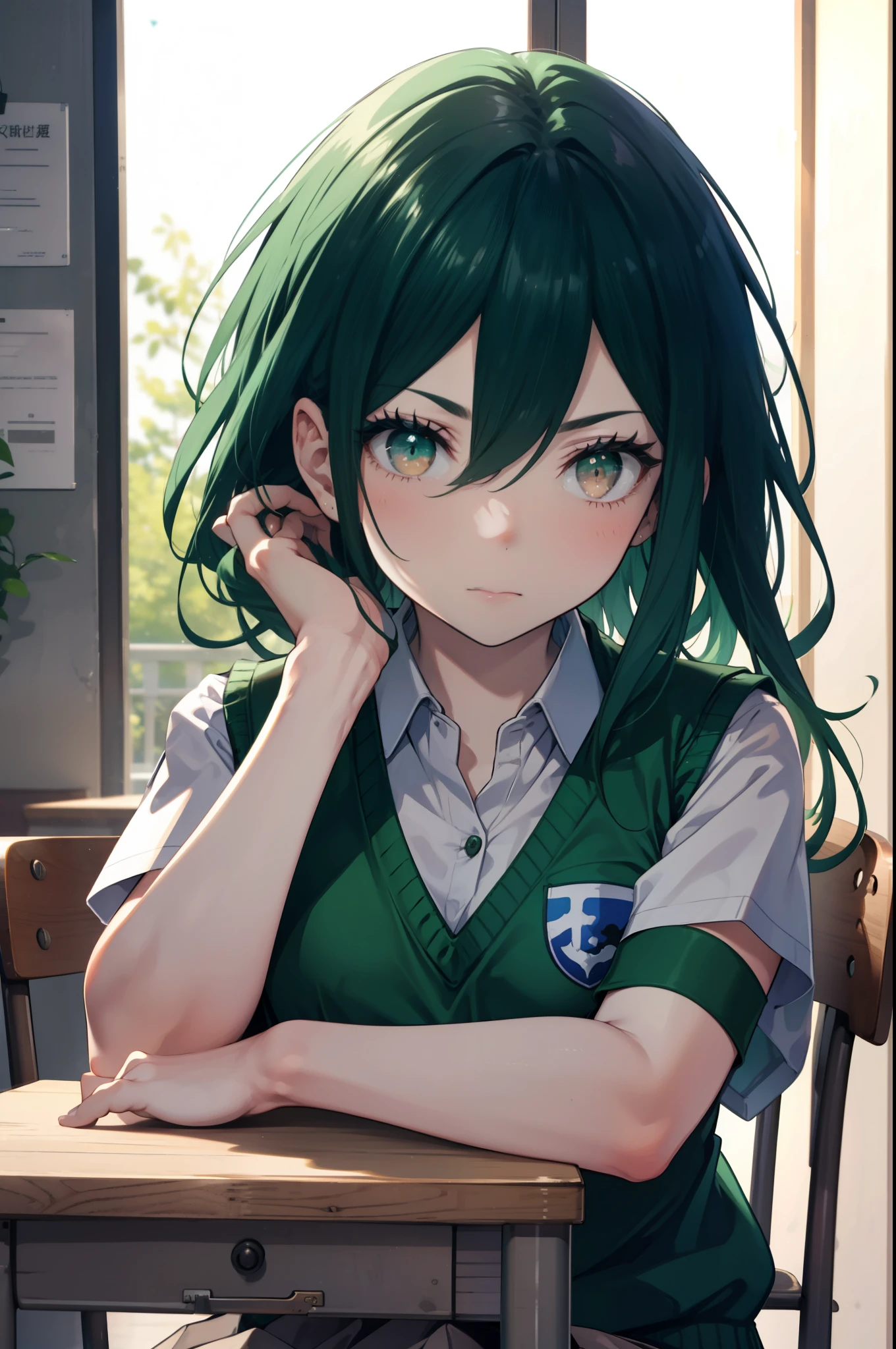 CruschKarsten, Crusch Karsten, Long Hair, Hair between the eyes, Green Hair, (Brown eyes:1.4),serious,
Armband, White shirt,Short sleeve,Sweater vest, (green Sweater vest:1.5),Black pleated skirt,Black socks,Brown Loafers,Arms crossed,sit cross-legged on a chair,whole bodyがイラストに入るように,
break indoors, School　classroom,
break looking at viewer,whole body,
break (masterpiece:1.2), highest quality, High resolution, unity 8k wallpaper, (shape:0.8), (Beautiful and beautiful eyes:1.6), extレムely detailed face, Perfect lighting, extレムely detailed CG, (Perfect hands, Perfect Anatomy),