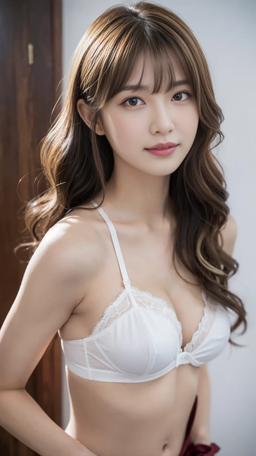 Sagging breasts, Earrings, necklace, ring, watch, Heavy makeup, Focus on bras, front, Neat, shame, Small butt, Bra with detailed embroidery, Crisp, high-resolution, realistic bra, Highest quality, Ultra-high resolution, (Realistic:1.4), One girl, (Small breasts), smile, Bare shoulders, Focus Only, View your viewers,Fair skin,locker room,Changing clothes,Photon Mapping, Physically Based Rendering, RAW Photos, Highly detailed background,K-Pop Idols,Depth of written boundary,Detailed face,Shiny, whole body, Thin legs, Realistic Background