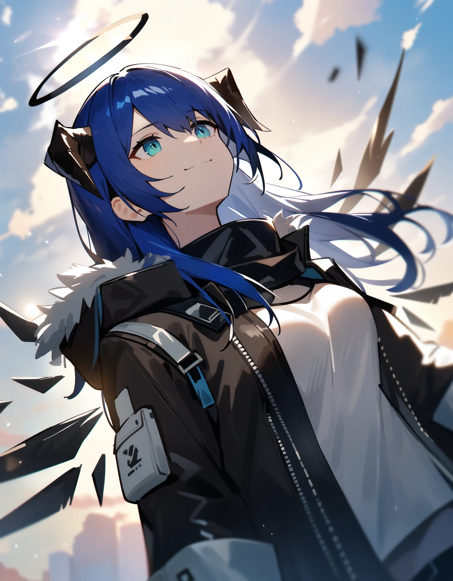 masterpiece, best quality, very aesthetic, absurdres, 1girl, mostima\(arknights), arknights, from below, black halo, horns, detached wings, breasts, jacket, facing up, light smile, sky, cinematic angle