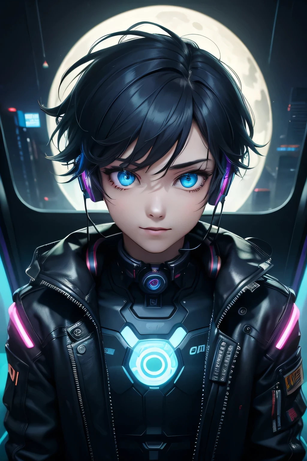 1boy, (extremely beautiful), solo, male focus, cyberpunk, neon lights, vibrant colors, headphones, Cyberpunk, neon, masterpiece, best quality, ultra-detailed, cyberpunk background, detail, in the starry night, moon, explosive and clear eyes, glowing eyes, beautiful details in the wind, little smile.