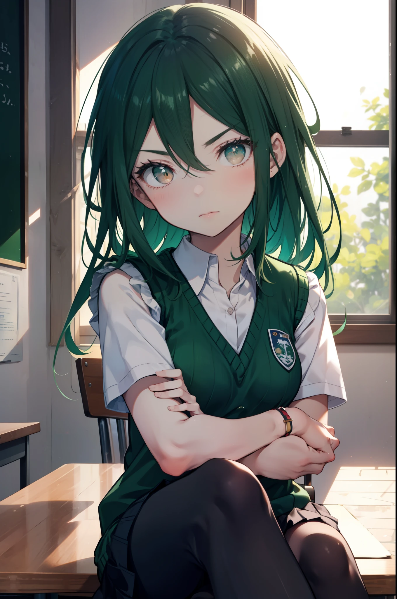 CruschKarsten, Crusch Karsten, Long Hair, Hair between the eyes, Green Hair, (Brown eyes:1.4),serious,
Armband, White shirt,Short sleeve,Sweater vest, (green Sweater vest:1.5),Black pleated skirt,Black socks,Brown Loafers,Arms crossed,sit cross-legged on a chair,whole bodyがイラストに入るように,
break indoors, School　classroom,
break looking at viewer,whole body,
break (masterpiece:1.2), highest quality, High resolution, unity 8k wallpaper, (shape:0.8), (Beautiful and beautiful eyes:1.6), extレムely detailed face, Perfect lighting, extレムely detailed CG, (Perfect hands, Perfect Anatomy),