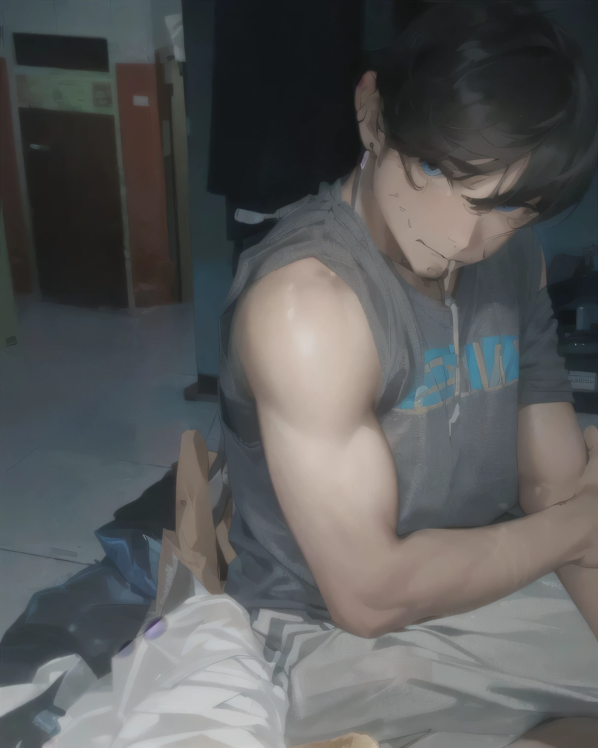 there is a man sitting on the floor with a sandwich in his hand, swollen muscles, leaked photo, by Abidin Dino, semi realism, body swelling about to explode, ots shot, heavy body modification, leaked image, marfan syndrome, captured with sony a3 camera, bandage on arms, big shoulder polster, broad shoulder