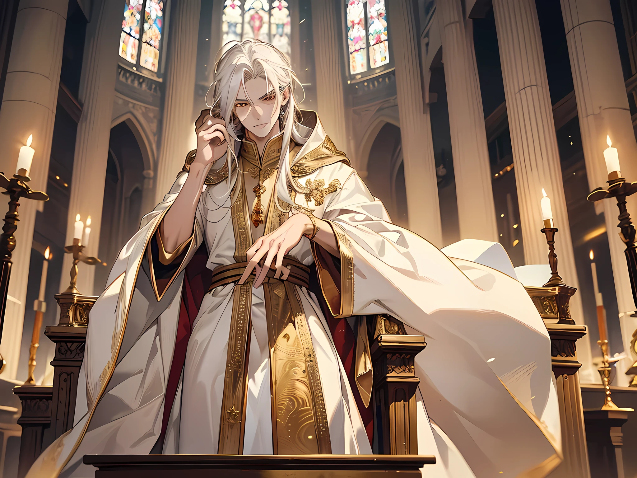 1 man 24 years old ,long white hair,golden eyes,regal white robes laced with gold,lean,muscular, detailed eyes, eyes extremely detailed, half-body:0.6, background altar, 