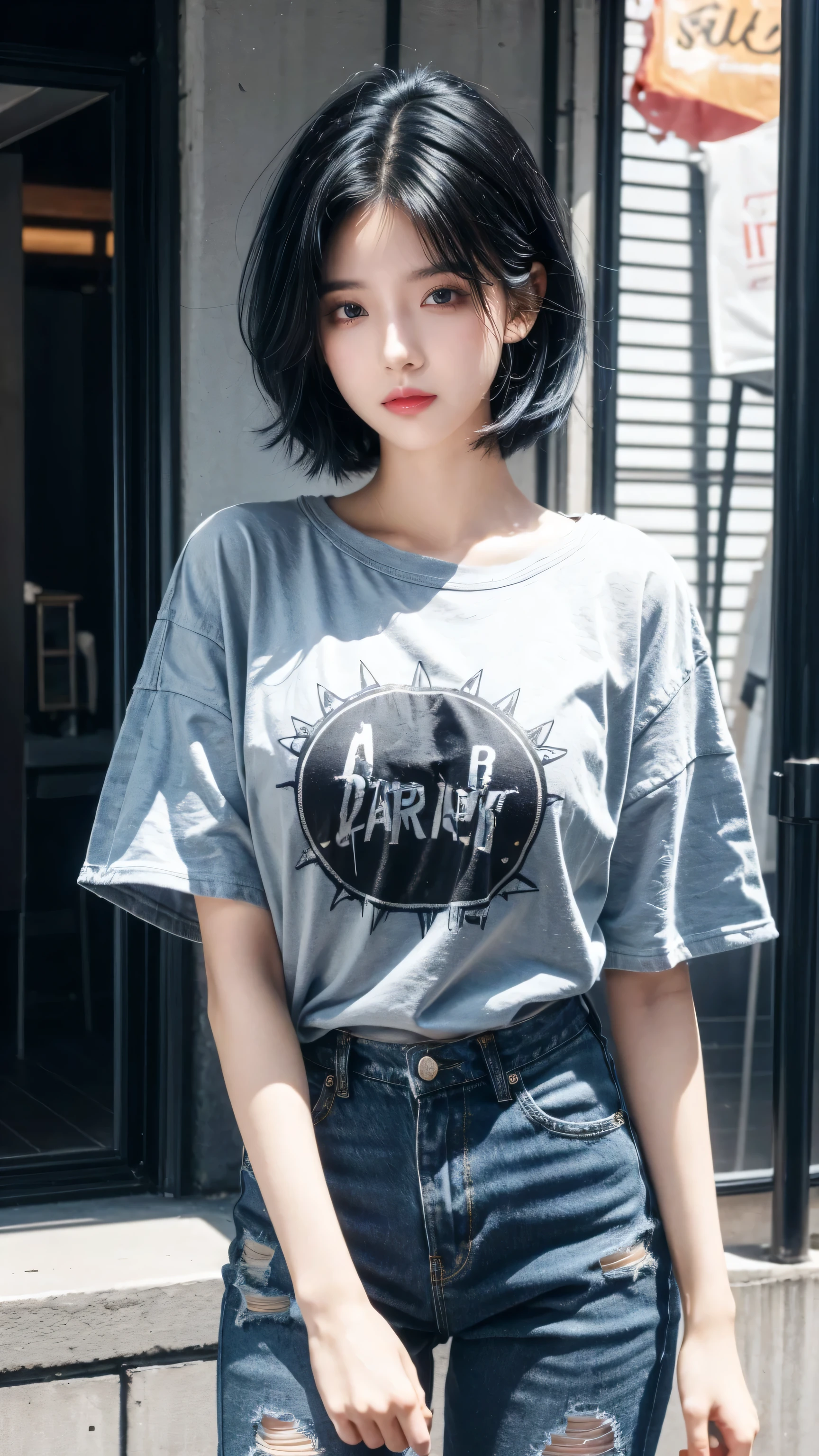 best quality, 1 Girl, dark blue hair, black eyes, Very short hair, Spiky hair,blue oversize t-shirt, High waist short jeans, 171 cm, Messy hair, Hair between the eyes, Medium breasts, full, Tomboy, aldult, 20 years old, 1 Girl