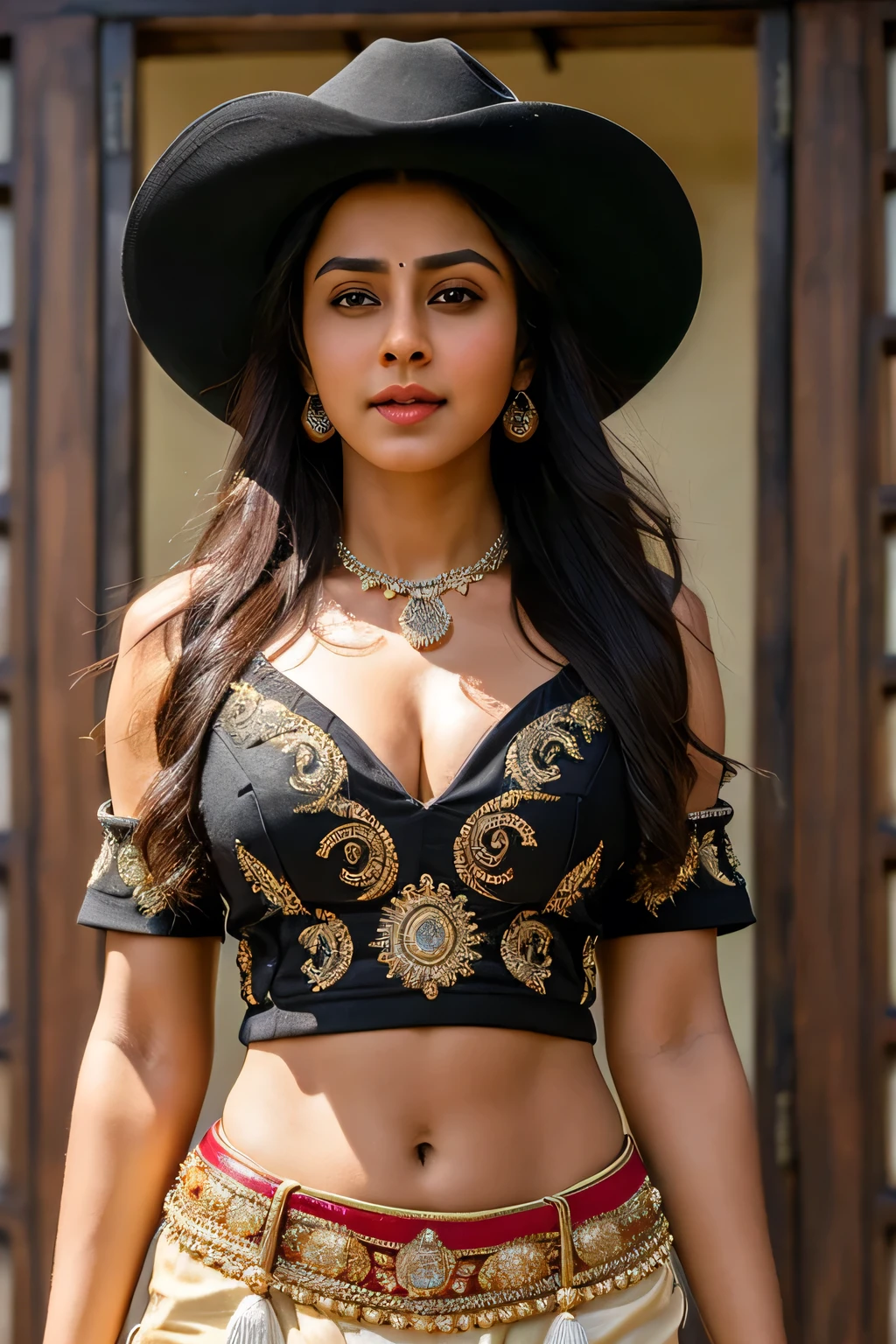 ((Best quality)), ((masterpiece)), (highly detailed:1.3), 3D, beautiful, 1girl, Meksiko, ((Rashmikandana)), Meksiko dresscode black, hat cowboy, 1man, ((Salman Khan))