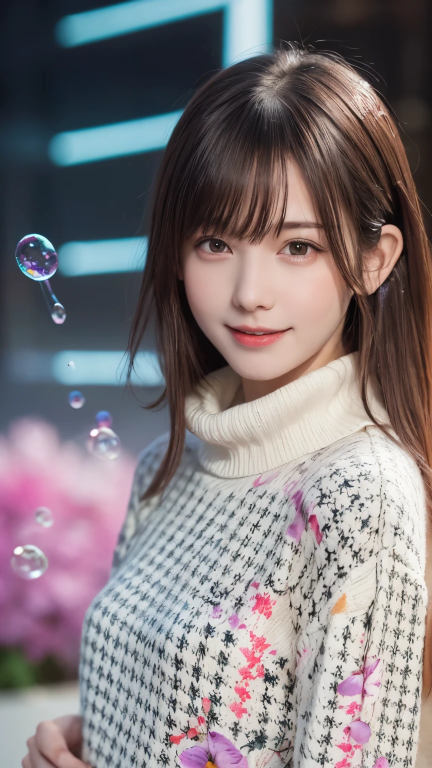 floating, (High saturation), (background, (Colorful Splash:1.3), (Colorful bubbles:1.3), (The Shining:1.3), (Colorful flowers:1.3), (Colorful Neon:1.3)), break, (One girl), (16-year-old), Very beautiful detailed face, Laugh shyly, Symmetrical black eyes, Small breasts), break, (Red houndstooth coat:1.4), (Off-white turtleneck sweater dress:1.3), Dark brown hair, Half Up, (Beautiful Face:1.2), break, high quality, Realistic, very detailed CG synthesis 8k wallpaper, Very detailed, High-resolution RAW color photos, Professional photography, Realistic portrait, Cinematic Light, Beautiful details, Super Detail, Attention to detail, (((Bokeh))), Depth of written boundary, illumination, Super stylish lighting , huge shy smile , random cute pose