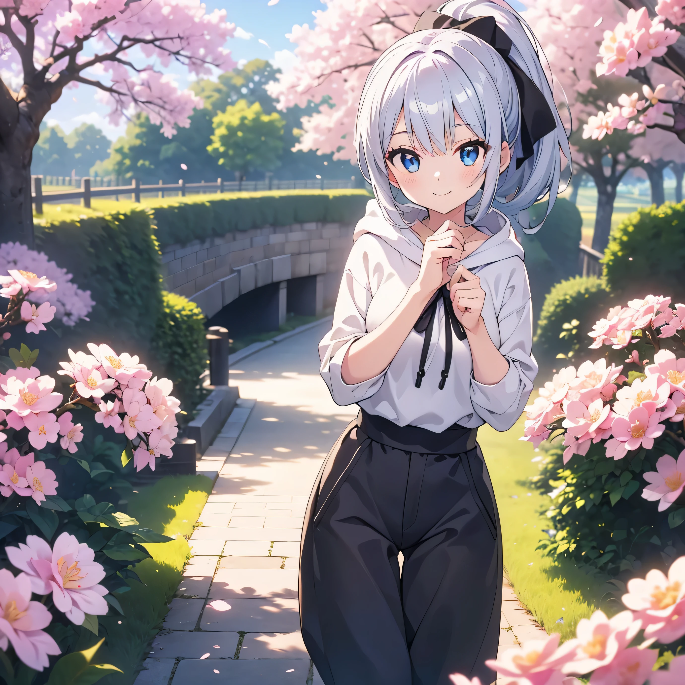 japanese landscape、Cherry blossom trees、cute、blue sky, silver hair, short ponytail, hood, cheek pull, blind box toy style, depth of field, cinematic lighting, first-person view, lens flare, f/1.4, 35mm, UHD, retina, masterpiece, highres, best quality、Front blur、(hoodie and pants)、(pose for the camera)、((High resolution))、one girl、((innocent smile:1.2))、(A sassy-looking woman with slanted eyes)、wind, cherry blossom blizzard