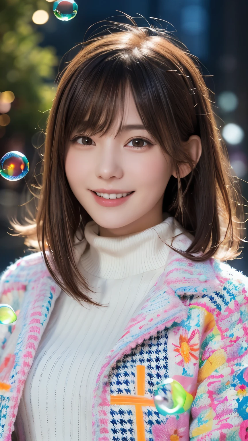 floating, (High saturation), (background, (Colorful Splash:1.3), (Colorful bubbles:1.3), (The Shining:1.3), (Colorful flowers:1.3), (Colorful Neon:1.3)), break, (One girl), (16-year-old), Very beautiful detailed face, Laugh shyly, Symmetrical black eyes, Small breasts), break, (Red houndstooth coat:1.4), (Off-white turtleneck sweater dress:1.3), Dark brown hair, Half Up, (Beautiful Face:1.2), break, high quality, Realistic, very detailed CG synthesis 8k wallpaper, Very detailed, High-resolution RAW color photos, Professional photography, Realistic portrait, Cinematic Light, Beautiful details, Super Detail, Attention to detail, (((Bokeh))), Depth of written boundary, illumination, Super stylish lighting , huge shy smile , random cute pose