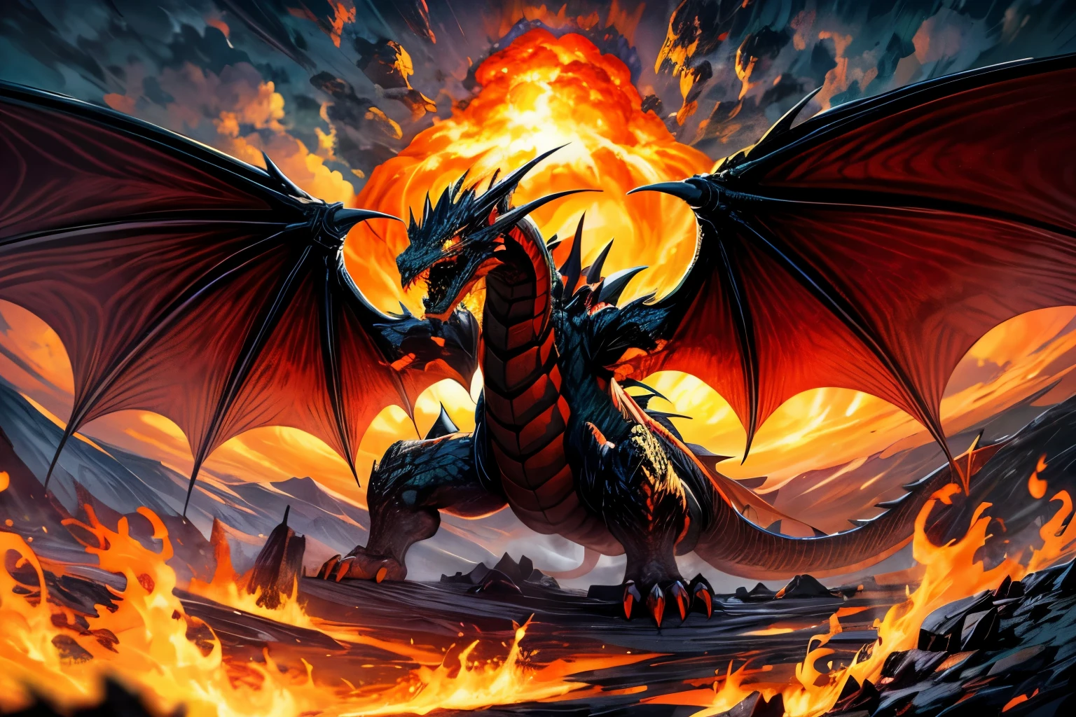 ((silhouette art)), erupting volcano background, flame-breathing dragon silhouette, dragon only, solo, dynamic pose, masterpiece,