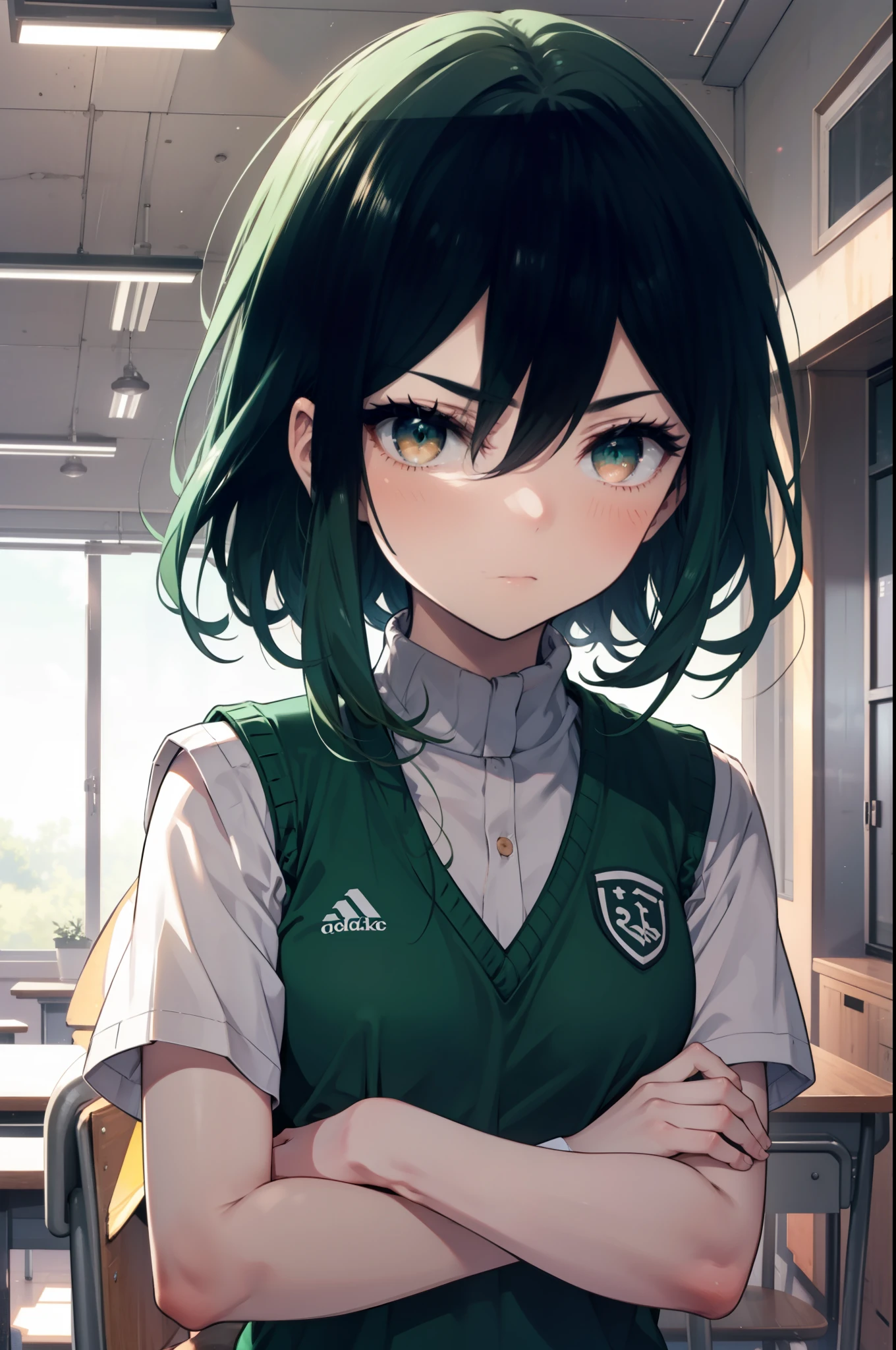 CruschKarsten, Crusch Karsten, Long Hair, Hair between the eyes, Green Hair, (Brown eyes:1.4),serious,
Armband, White shirt,Short sleeve,Sweater vest, (green Sweater vest:1.5),Black pleated skirt,Black socks,Brown Loafers,Arms crossed,sit cross-legged on a chair,whole bodyがイラストに入るように,
break indoors, School　classroom,
break looking at viewer,whole body,
break (masterpiece:1.2), highest quality, High resolution, unity 8k wallpaper, (shape:0.8), (Beautiful and beautiful eyes:1.6), extレムely detailed face, Perfect lighting, extレムely detailed CG, (Perfect hands, Perfect Anatomy),