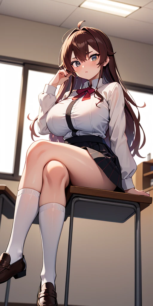(masterpiece, best quality, ultra detailed, absurdness)1.5, 1girl Eris Boreas Greyrat (sexy, beautiful woman, perfect face, perfect eyes, perfect female body, huge breasts)1.5 (Japanese , skirt, brown shoes, long white socks, [knee socks thigh] loafers, long messy hair, big hair) (sitting on a desk, crossed legs, inside a classroom), perfect lighting, smooth