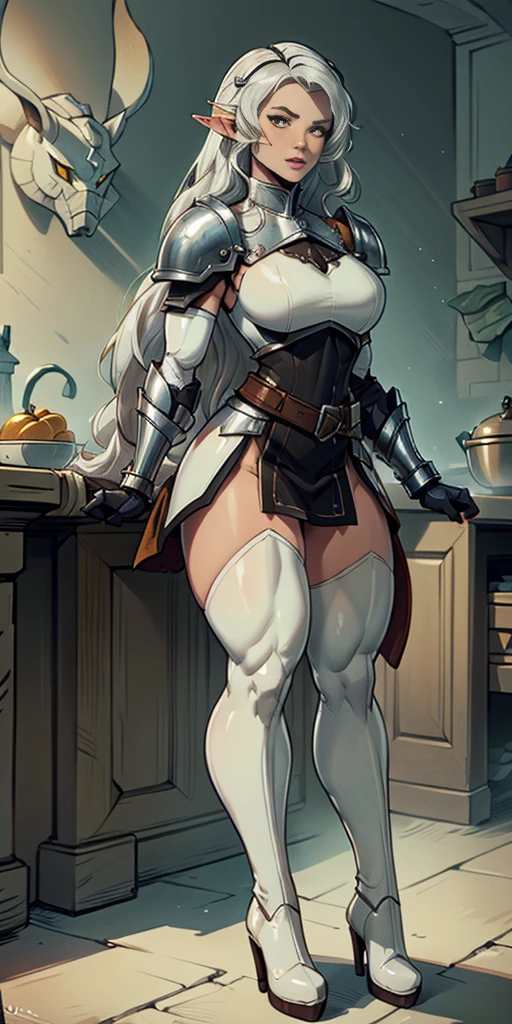 masterpiece, best quality, high quality, white SKIN elf, long hair, white hair, yellow eyes, full body, def_effie, blue breastplate, white skin, looking at viewer, shiny armor, thigh highs, high boots, shoulder armor, faulds, poleyn, gloves, gauntlets