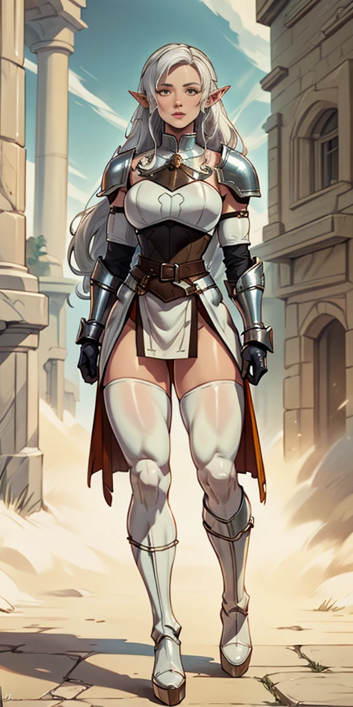 masterpiece, best quality, high quality, white SKIN elf, long hair, white hair, yellow eyes, full body, def_effie, blue breastplate, white skin, looking at viewer, shiny armor, thigh highs, high boots, shoulder armor, faulds, poleyn, gloves, gauntlets