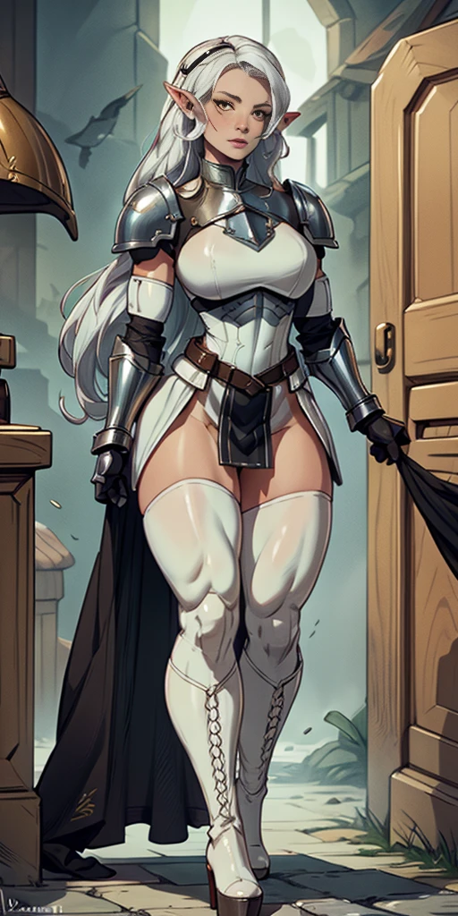 masterpiece, best quality, high quality, white SKIN elf, long hair, white hair, yellow eyes, full body, def_effie, blue breastplate, white skin, looking at viewer, shiny armor, thigh highs, high boots, shoulder armor, faulds, poleyn, gloves, gauntlets