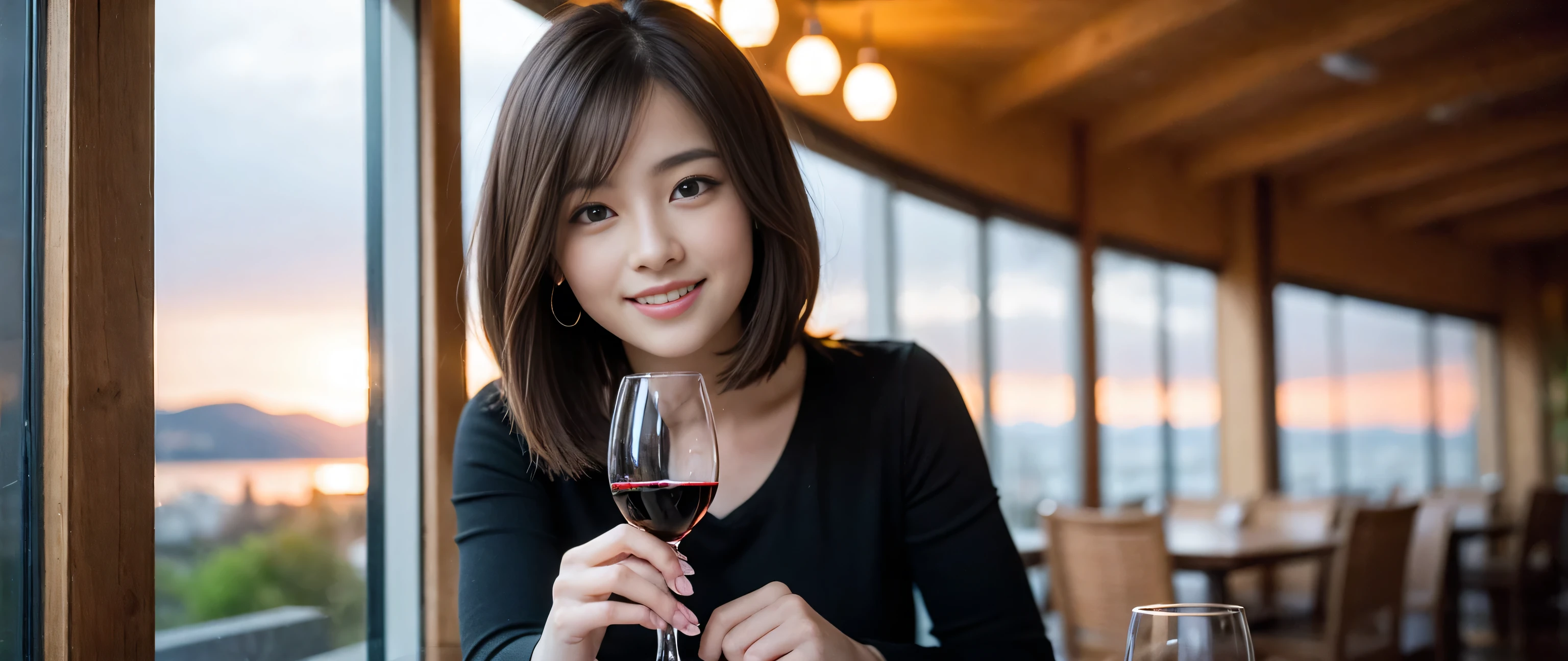 ((highest quality、8k、masterpiece:1.3))、Two beautiful women、Slim body、((Bob Hale、Straight hair:1.2))、(to be born, highest quality, masterpiece:1.5), (Realistic, Intricate details:1.2), Ultra-high resolution, Wine glass on the table、Lighting the face、Amazing view of the sunset sky and clouds、Amazing mountain views、A bright smile、A lovely woman with a smile、Bright image、The beauty of wine, Beautiful Face, blue eyes, The light shines on your face, Blushing, short hair,Bright Face、 (36 years old), 39 years old, Lady、red wine 、Appetizers、Italian food、Wine bottle、Champagne、sparkling wine、Two beauties、Brown Hair、Shortcuts、Long sleeve shirt、dress、Pretty Woman 1, (Slim face), (The body is slim), (Brown Hair), (Shortcuts), cheeks turn a little red,Attractive beauty、, Out of the window, A beautiful and detailed night view unfolds.........., restaurant, In a prominent place (From the waist up) Nova Frog Style, actress, model, Upper Body, White wine, slim, wine glass, A wine glass placed in the middle, smile, (smile: 1.15), Beautiful fine grain, Depth f/2,saturation, High Contrast, Strong light and shadow,Moist Body:1.5、3D texture、Delicate eyes、Brown Hair、The hair is very shiny、