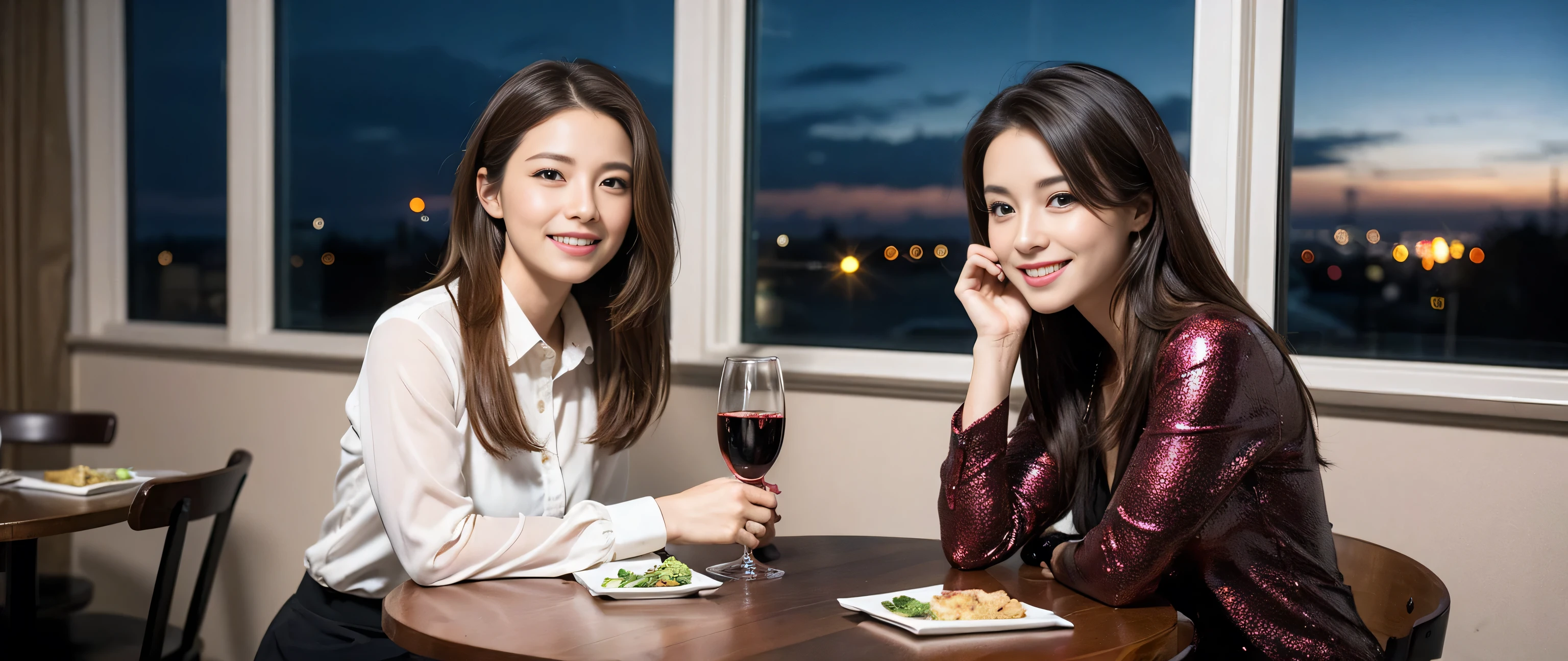 ((highest quality、8k、masterpiece:1.3))、Two beautiful women、Slim body、((Bob Hale、Straight hair:1.2))、(to be born, highest quality, masterpiece:1.5), (Realistic, Intricate details:1.2), Ultra-high resolution, Wine glass on the table、Lighting the face、Amazing view of the sunset sky and clouds、Amazing mountain views、A bright smile、A lovely woman with a smile、Bright image、The beauty of wine, Beautiful Face, blue eyes, The light shines on your face, Blushing, short hair,Bright Face、 (36 years old), 39 years old, Lady、red wine 、Appetizers、Italian food、Wine bottle、Champagne、sparkling wine、Two beauties、Brown Hair、Shortcuts、Long sleeve shirt、dress、Pretty Woman 1, (Slim face), (The body is slim), (Brown Hair), (Shortcuts), cheeks turn a little red,Attractive beauty、, Out of the window, A beautiful and detailed night view unfolds.........., restaurant, In a prominent place (From the waist up) Nova Frog Style, actress, model, Upper Body, White wine, slim, wine glass, A wine glass placed in the middle, smile, (smile: 1.15), Beautiful fine grain, Depth f/2,saturation, High Contrast, Strong light and shadow,Moist Body:1.5、3D texture、Delicate eyes、Brown Hair、The hair is very shiny、