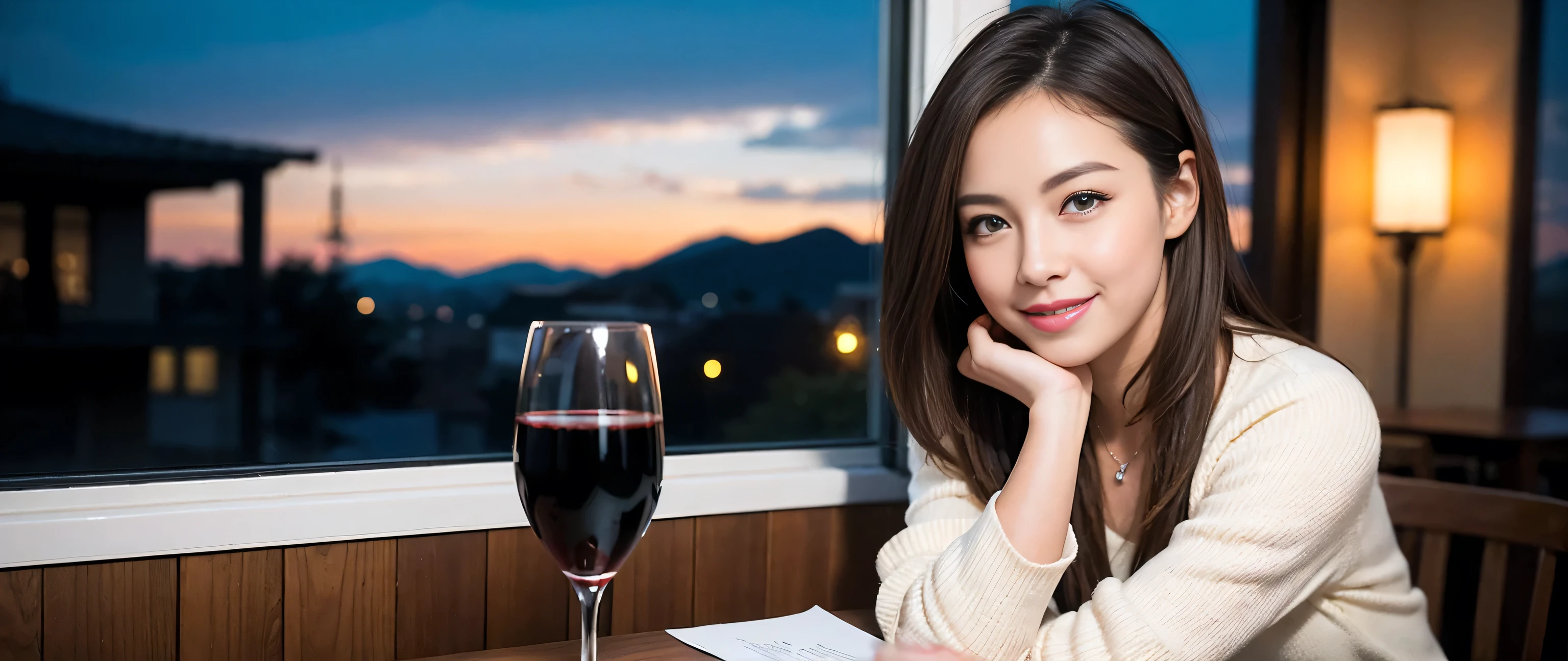 ((highest quality、8k、masterpiece:1.3))、Two beautiful women、Slim body、((Bob Hale、Straight hair:1.2))、(to be born, highest quality, masterpiece:1.5), (Realistic, Intricate details:1.2), Ultra-high resolution, Wine glass on the table、Lighting the face、Amazing view of the sunset sky and clouds、Amazing mountain views、A bright smile、A lovely woman with a smile、Bright image、The beauty of wine, Beautiful Face, blue eyes, The light shines on your face, Blushing, short hair,Bright Face、 (Age 37), 39 years old, Lady、red wine 、Appetizers、Italian food、Wine bottle、Champagne、sparkling wine、Two beauties、Brown Hair、Shortcuts、Long sleeve shirt、dress、Pretty Woman 1, (Slim face), (The body is slim), (Brown Hair), (Shortcuts), cheeks turn a little red,Attractive beauty、, Out of the window, A beautiful and detailed night view unfolds.........., restaurant, In a prominent place (From the waist up) Nova Frog Style, actress, model, Upper Body, White wine, slim, wine glass, A wine glass placed in the middle, smile, (smile: 1.15), Beautiful fine grain, Depth f/2,saturation, High Contrast, Strong light and shadow,Moist Body:1.5、3D texture、Delicate eyes、Brown Hair、The hair is very shiny、