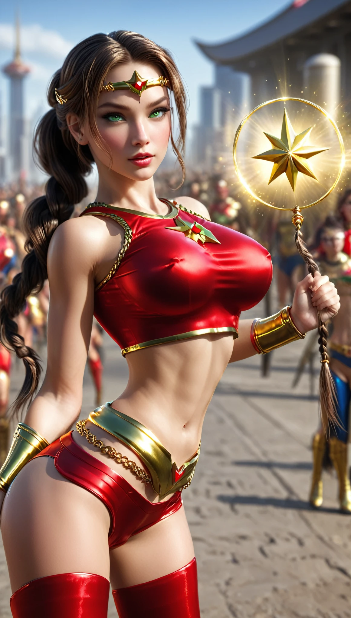(best quality,4k,8k,highres,masterpiece:1.2),ultra-detailed,(realistic,photorealistic,photo-realistic:1.37),,superhero,y ,( beautiful female superheroine ,braided ponytail , red sleeveless crop shirt, with a golden Star, midriff wears (a golden tiara with a red gem on forehead) , golden bracelets, long red boots, and small red shorts) (Venus Star) (tiara) (green eyes) UHD (seductive look) (in battle)