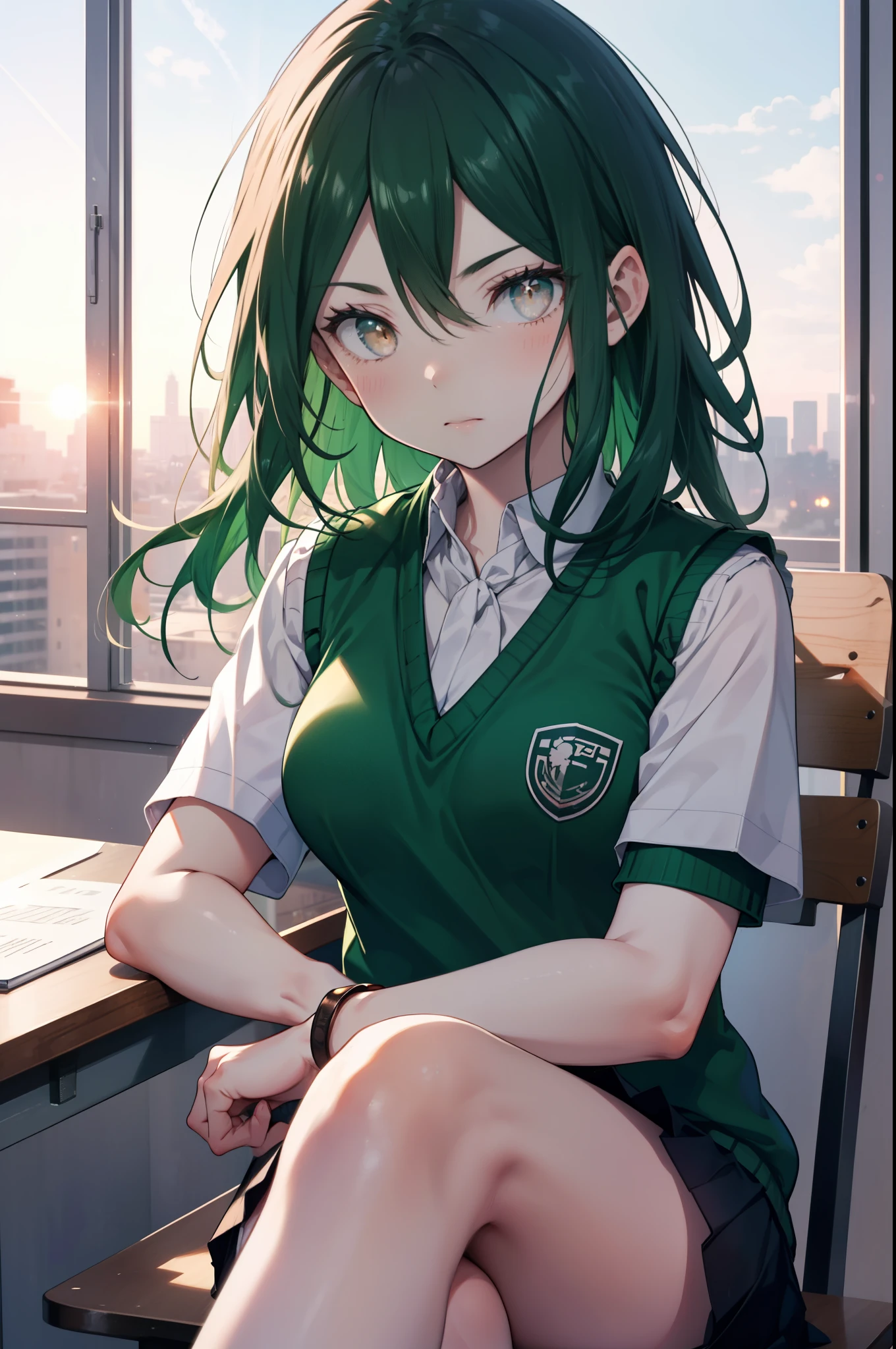 CruschKarsten, Crusch Karsten, Long Hair, Hair between the eyes, Green Hair, (Brown eyes:1.4),serious,
Armband, White shirt,Short sleeve,Sweater vest, (green Sweater vest:1.5),Black pleated skirt,Black socks,Brown Loafers,Arms crossed,sit cross-legged on a chair,whole bodyがイラストに入るように,Sunset,evening,The sun is setting,
break indoors, School　classroom,
break looking at viewer,whole body,
break (masterpiece:1.2), highest quality, High resolution, unity 8k wallpaper, (shape:0.8), (Beautiful and beautiful eyes:1.6), extレムely detailed face, Perfect lighting, extレムely detailed CG, (Perfect hands, Perfect Anatomy),