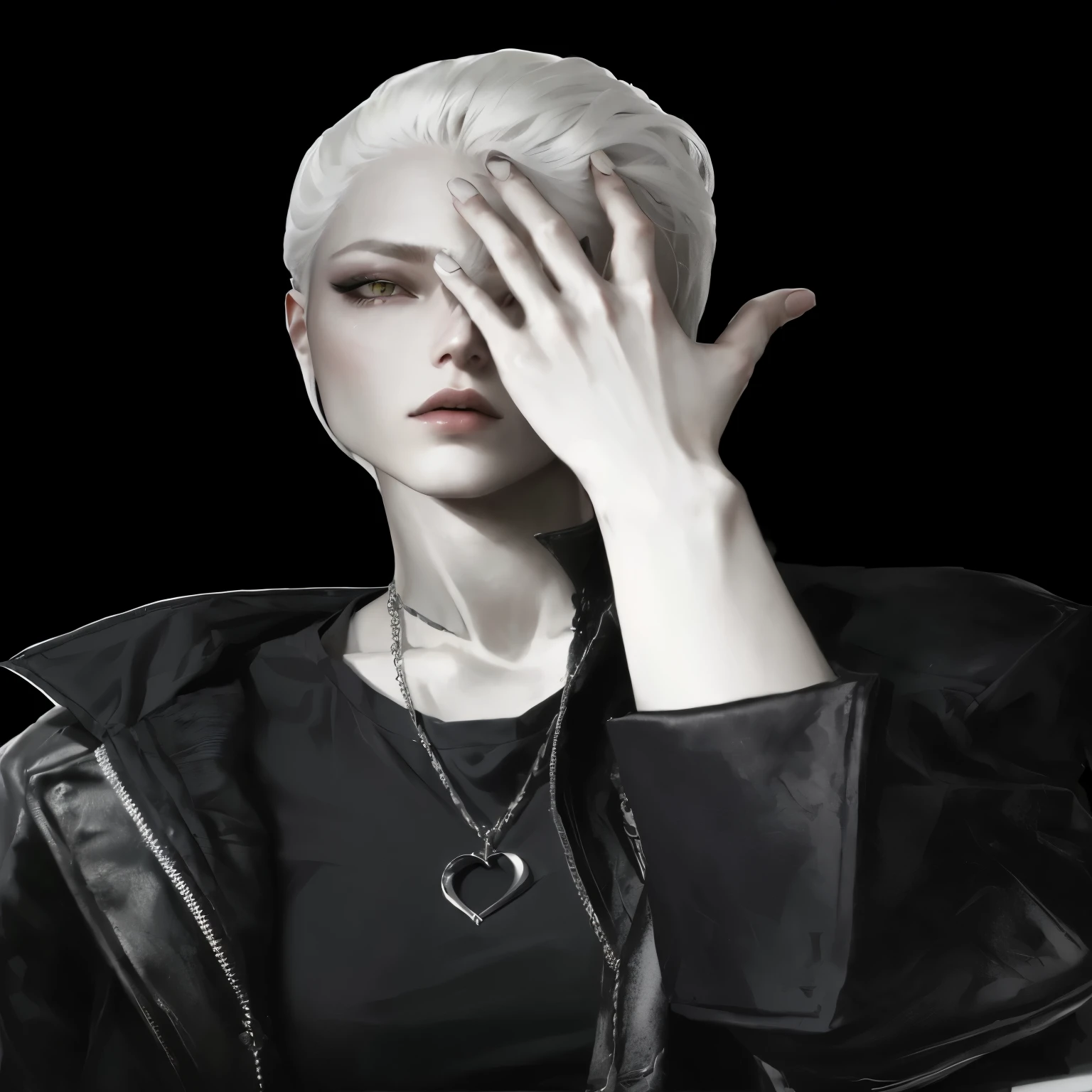 un primer plano de una persona con una chaqueta negra y un collar, attractive androgynous humanoid, inspirado por Aaron Nagel, 2b, 2 segundo, retrato del personaje de darksynth, androgynous vampire, realistic art style, retrato de alta calidad, hermosa mujer neuromante, albino mystic portrait, retrato detallado del personaje, androgynous person, supermodelo en colina silenciosa