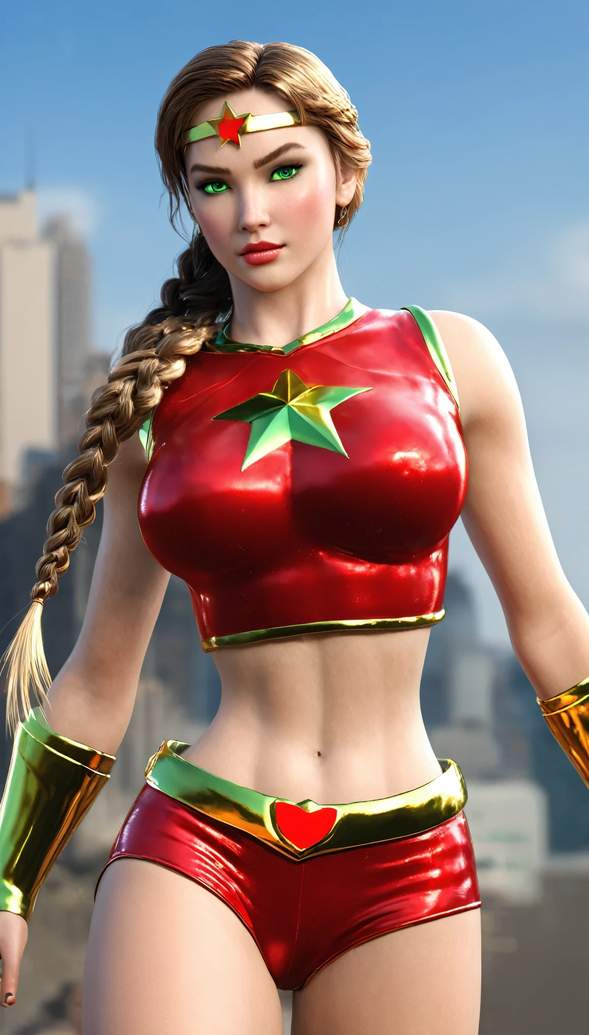 (best quality,4k,8k,highres,masterpiece:1.2),ultra-detailed,(realistic,photorealistic,photo-realistic:1.37),,superhero,sexy ,( beautiful female superheroine ,braided ponytail , red sleeveless crop shirt, with a golden Star, midriff wears (a golden tiara with a red gem on forehead) , golden bracelets, long red boots, and small red shorts) (Venus Star) (tiara) (green eyes) UHD (seductive look) (in battle)