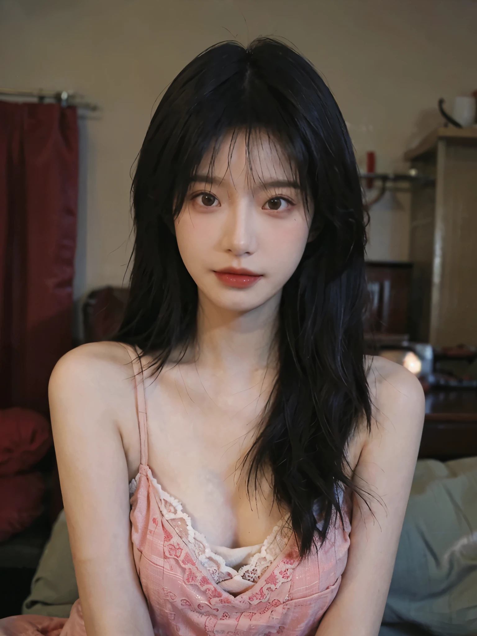 Film Portrait Photography, 1 girl, Bare shoulders,Lipstick,Red lace blindfold,(Bra:1.4),Sunlight,( wear mask:1.4),Shoulder-length straight hair, serene, calm, (逼真且Detailed眼睛, Natural skin texture, Realistic facial details), Soft dramatic lighting, Depth of Field, Bokeh, Vivid details, Detailed, Surrealism, 35 mm film, hazy, ,