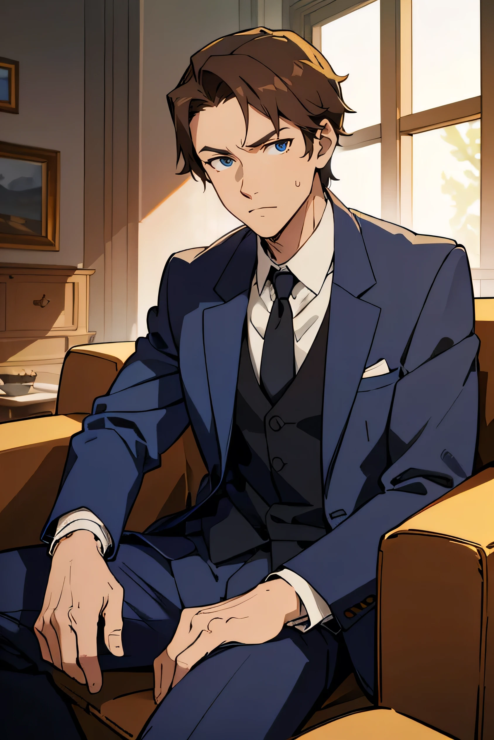 30 year old man. with a little wrinkles on the face. short and somewhat unkempt hair. disheveled suit and tie. brown hair and blue eyes. serious expression. ((background of a normal living room)). ((detailed face.)) ((sitting in the living room)) ((detailed and bright eyes)) ((hands in pockets))