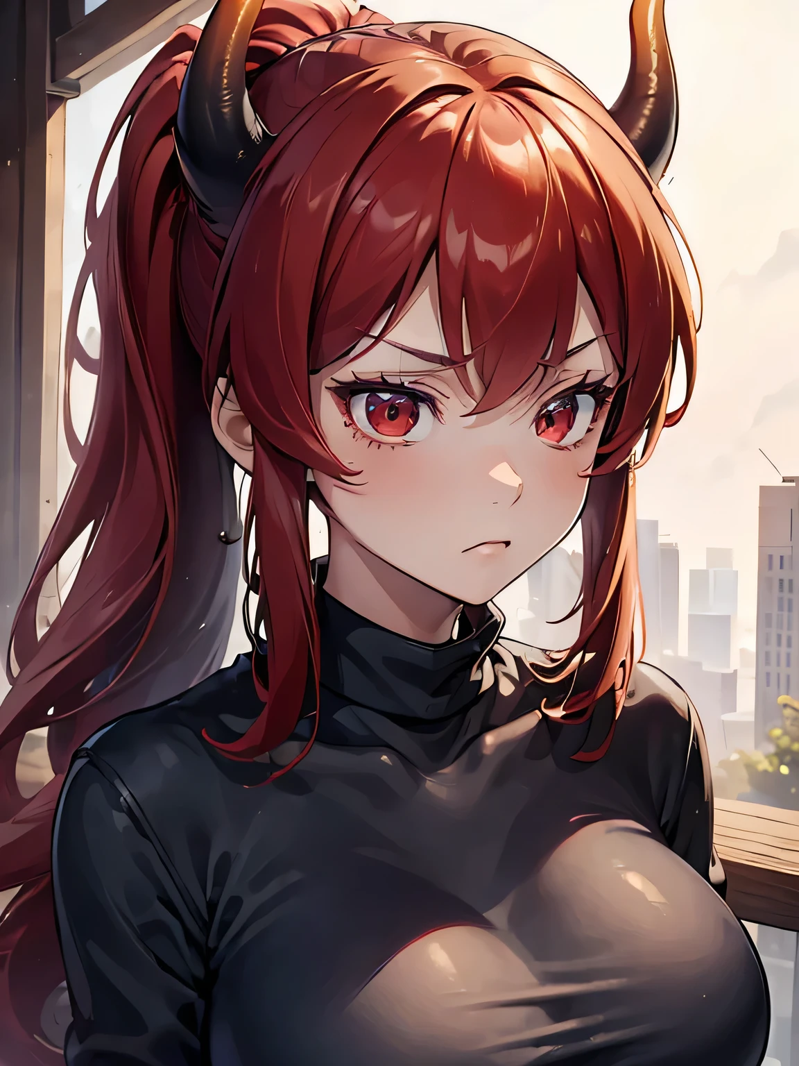 (masterpiece, best quality:1.4), 8k, Red Long Ponytail Hair, Horns, Young adult, anime girl, Mad, Annoyed, light Red Eye, Big chest, Black Turtleneck, White Sweater, in the Park (detailed eyes and face, sharp pupils, realistic pupils:0.6)