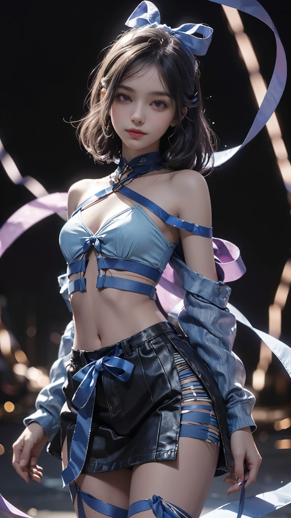 (ultra-realistic realism), (illustratio), (A high resolution), (8K), (The is very detailed), (Best Illustration), (Beautifully detailed eyes), (top-quality), (ultra - detailed), (tmasterpiece), (the wallpaper), (A detailed face), solo, 1 girl in, looking at viewert, finedetail, A detailed face, in the darkness nigth, deep shading, low tune, pureerosfaceace_V1, A smile, blue shawl ,straight hair, 46-point diagonal bangs, (Silk clothing, short clothing, strips), (strips:1.5), (strait ribbon:1.5), (cropped shoulders), The view of the night city,Light pastel coloured outfit,Nipples,streaks,Small breasts,near-flat chest,Very small hips,Very thin waist,Very thin legs,Very thin thighs,