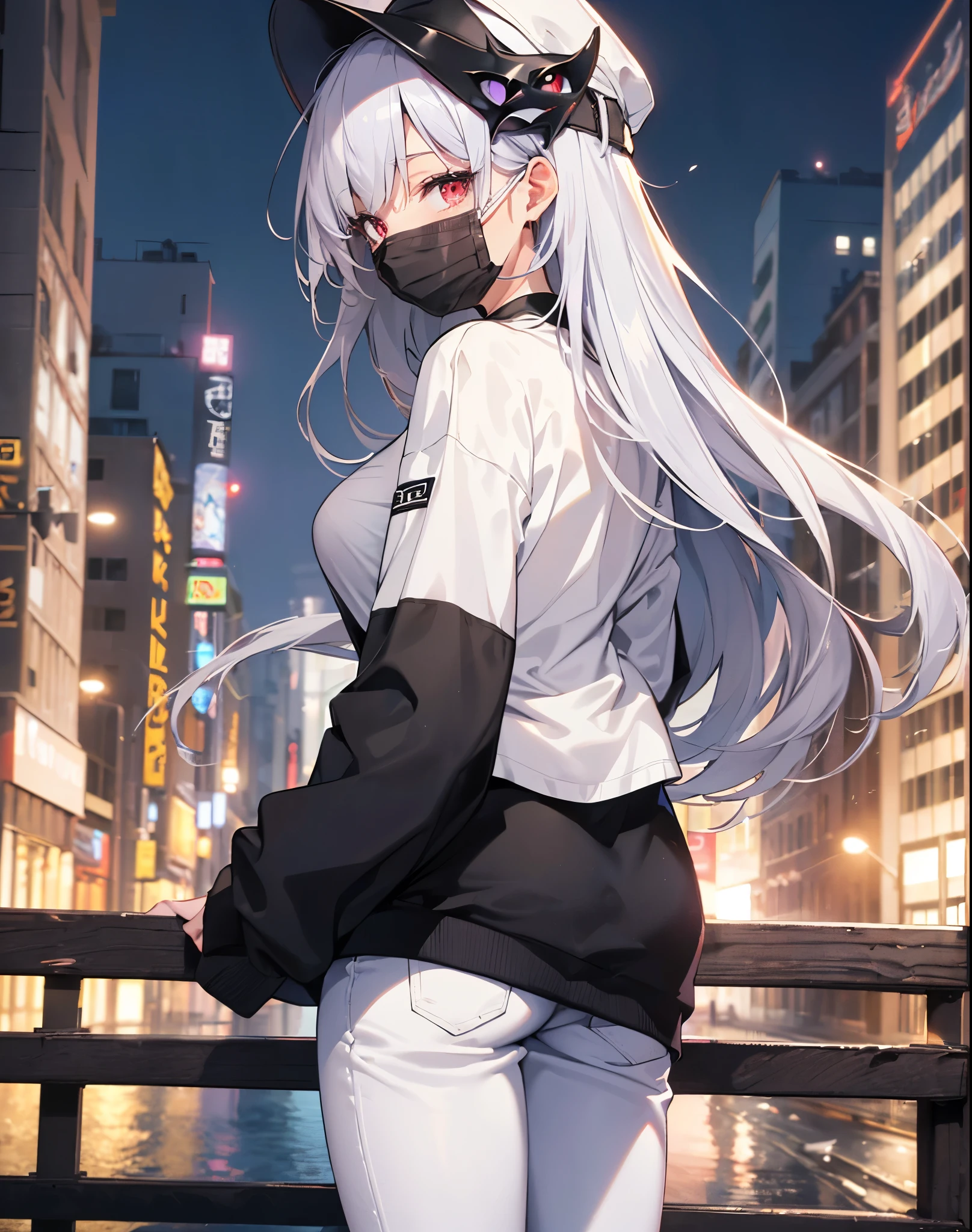 Realistic,highest quality, Super detailed, High-quality CG rendering, The most delicate and beautiful, Floating softly, High resolution, (1 female), (highest quality,4K,8k,masterpiece:1.2), Light purple hair,Long Hair,Red eyes,(Slightly larger breasts:1.5),(White oversized long sleeve T-shirt:1.3),(Black oversized pants:1.3),(White cap:1.3),In the city,old buildings,(Black Mask:1.4),(whole body:1.3),(Sandals:1.2),(Turn your back to your audience:1.3),Ass