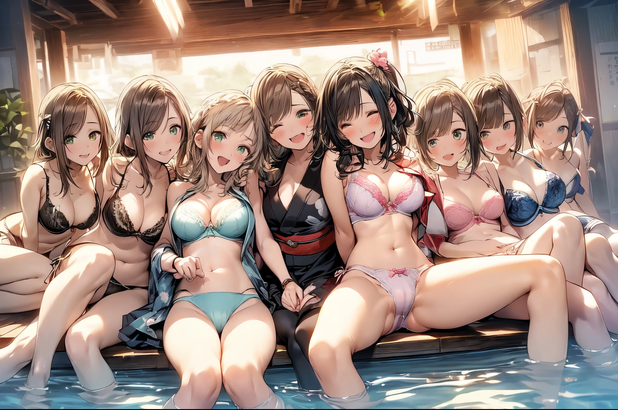 ((masterpiece, best quality, ultra quality, high quality, hyper detailed, intricate detailed, perfect anatomy, shiny skin, cowboy shot,)), (3 women:1.5), cute women are posing for a camera, (At a Japanese hot spring), (Lifting SHIRT:1.3), (Laughing with your mouth open:1.3), Ray Tracing, ((tits)), (Small nipples), nipples, breasts, hair band, Headband, hair bobbles, blouse, shirt, (Stand in line), 12 talents、 Talents、145 years old、blond hair, navel, jewelry, looking at viewer, necklace, long hair, short hair, (Abdominal muscles),(Depth of written boundary), panties,