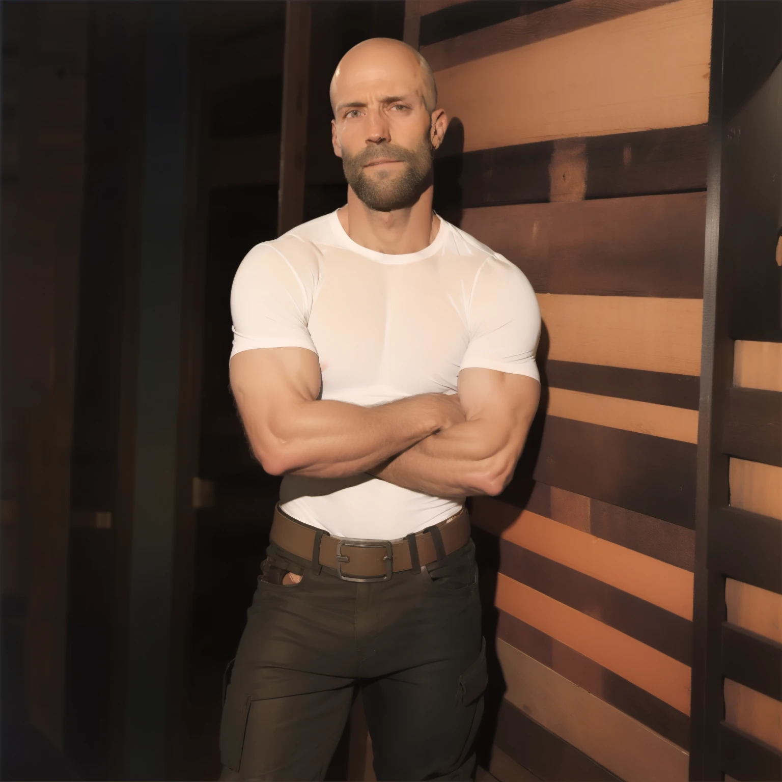 tall bald handsome man with beard, daddy, dark tattoos, lean fit body, soccer shirt, 30yo, dynamic lighting, lean body, loose cargo plants pants, character sheet, full body shot, ripped pants, belt, holster, carpenter, sweaty