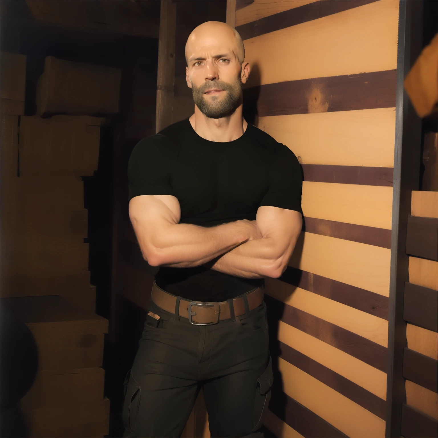 tall bald handsome man with beard, daddy, dark tattoos, lean fit body, soccer shirt, 30yo, dynamic lighting, lean body, loose cargo plants pants, character sheet, full body shot, ripped pants, belt, holster, carpenter, sweaty