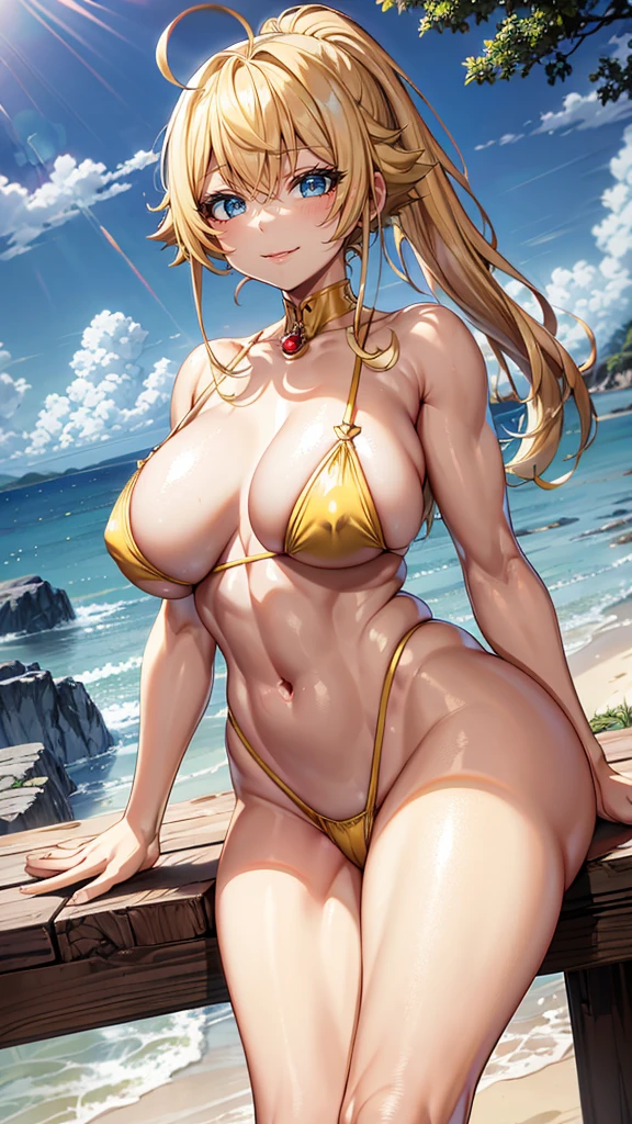 Tanya Degurechaff, ropa apretada, poca piel visible, (( ruborizada, sonrisa, oiled skin)), pelo corto, cabello amarillo, (( yellow hair, piernas descubiertas)), curvy body, abs, muscle, muscle girl, big sagging breast , Iparuputsua, de pie en la entrada de un castillo, brazos a los costados, magic world background, mundo medieval .