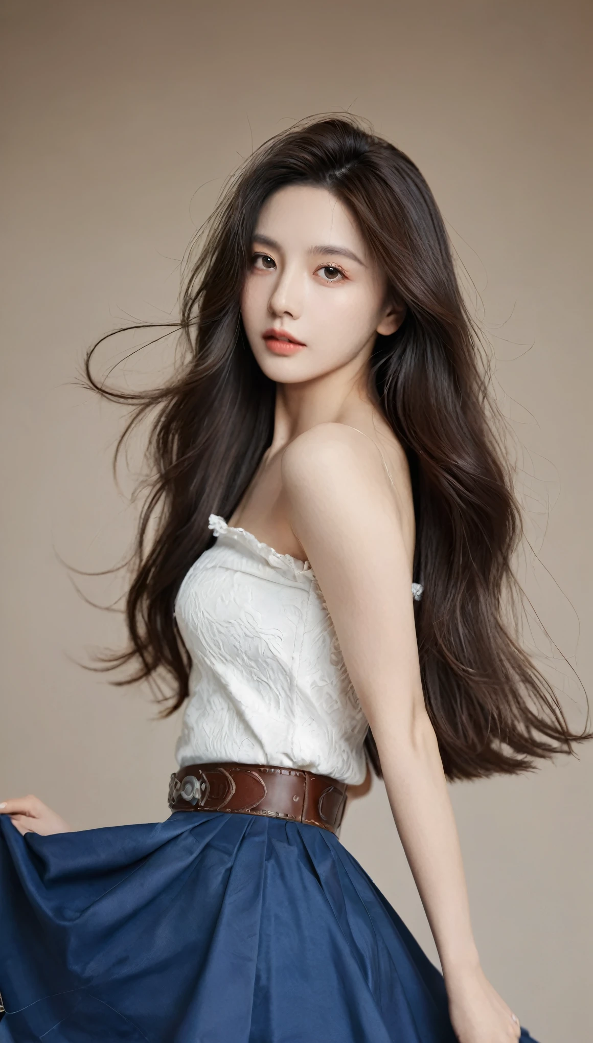 masterpiece, best quality, 1 girl, Dark brown hair, Bare shoulders, Long hair, skirt, Cowboy lens, Dynamic poses, Dynamic Angle,