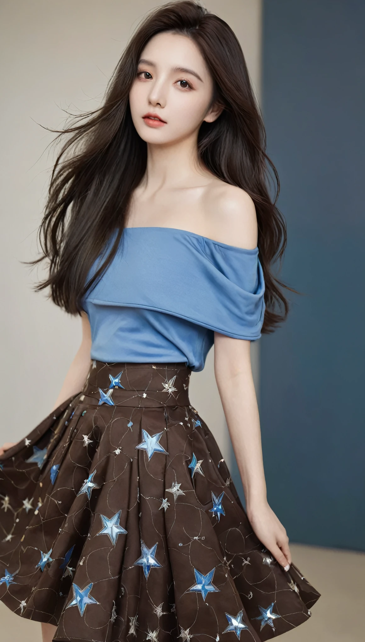 masterpiece, best quality, 1 girl, Dark brown hair, Bare shoulders, Long hair, skirt, Cowboy lens, Dynamic poses, Dynamic Angle,