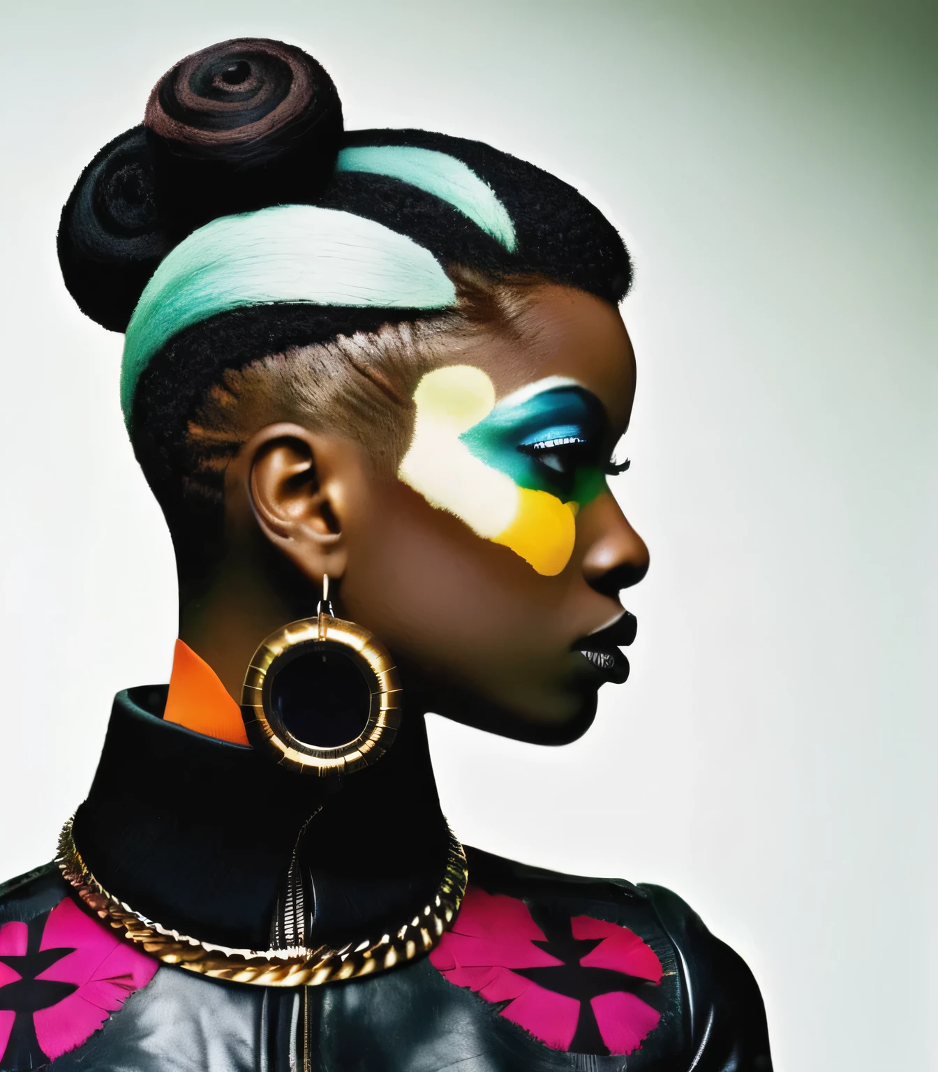 crazy alternate punk hairstyle, fashion photography, hairstyle inspired by Njideka Akunyili Crosby and Edmond Hamilton 