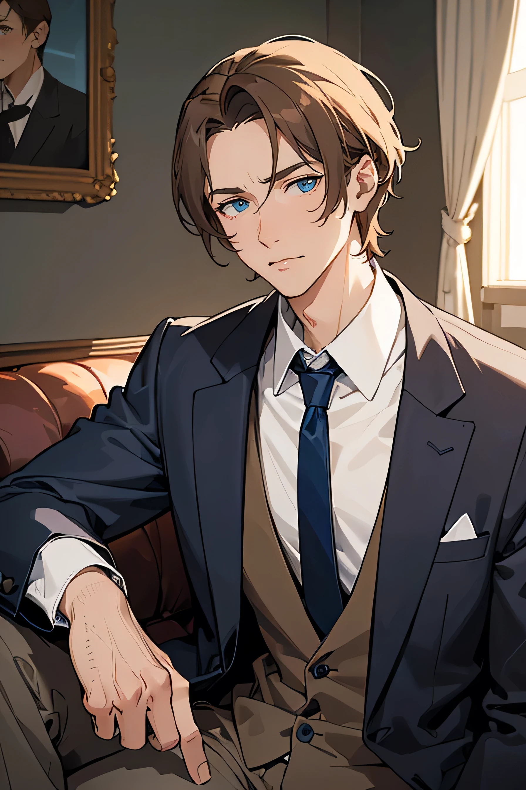 30 year old man. with a little wrinkles on the face. short and somewhat unkempt hair. disheveled suit and tie. brown hair and blue eyes. serious expression. ((background of a normal living room)). ((detailed face.)) ((sitting in the living room)) ((detailed and bright eyes)) ((detailed hands))