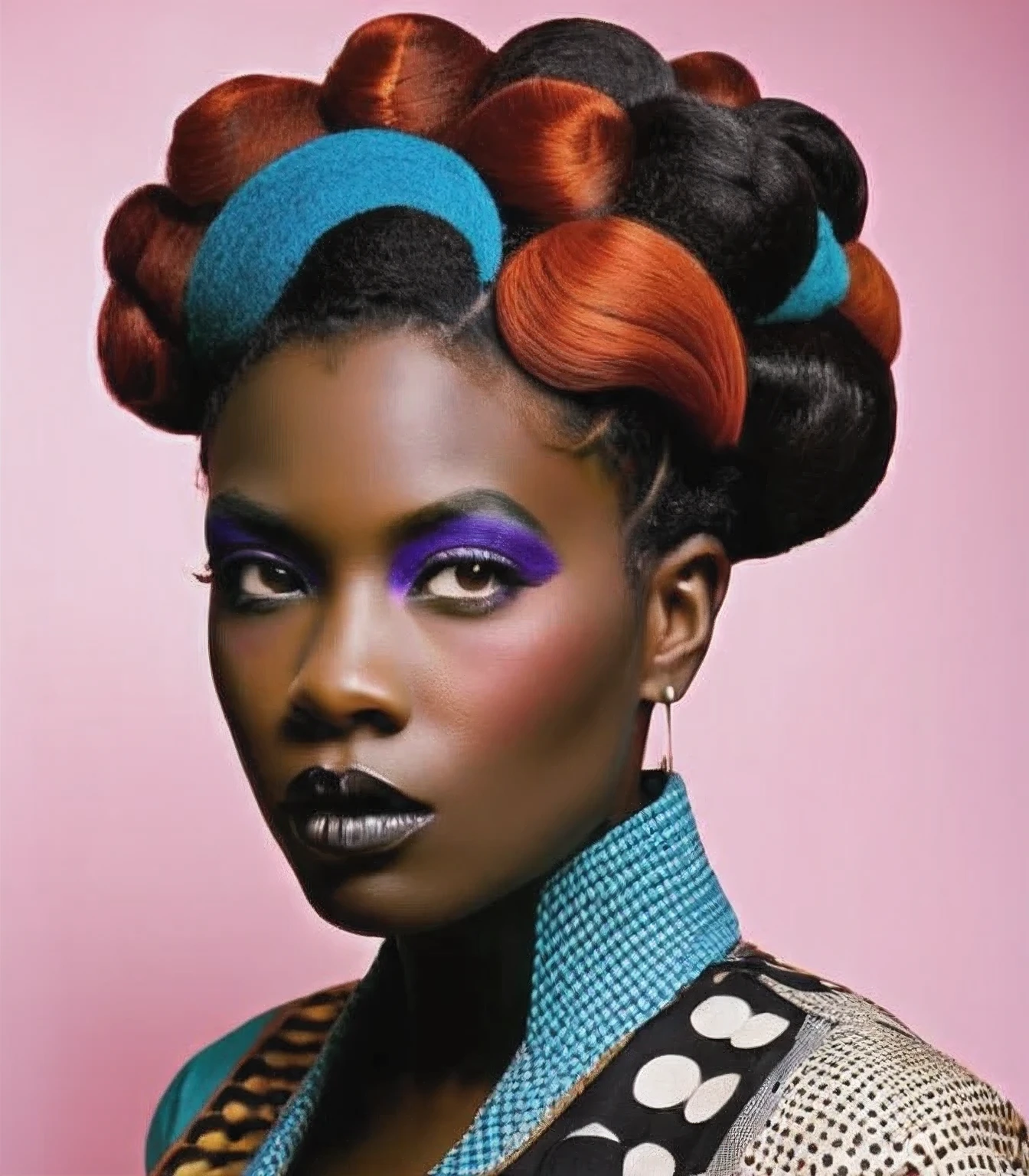 crazy alternate punk hairstyle, fashion photography, hairstyle inspired by Njideka Akunyili Crosby and Edmond Hamilton 