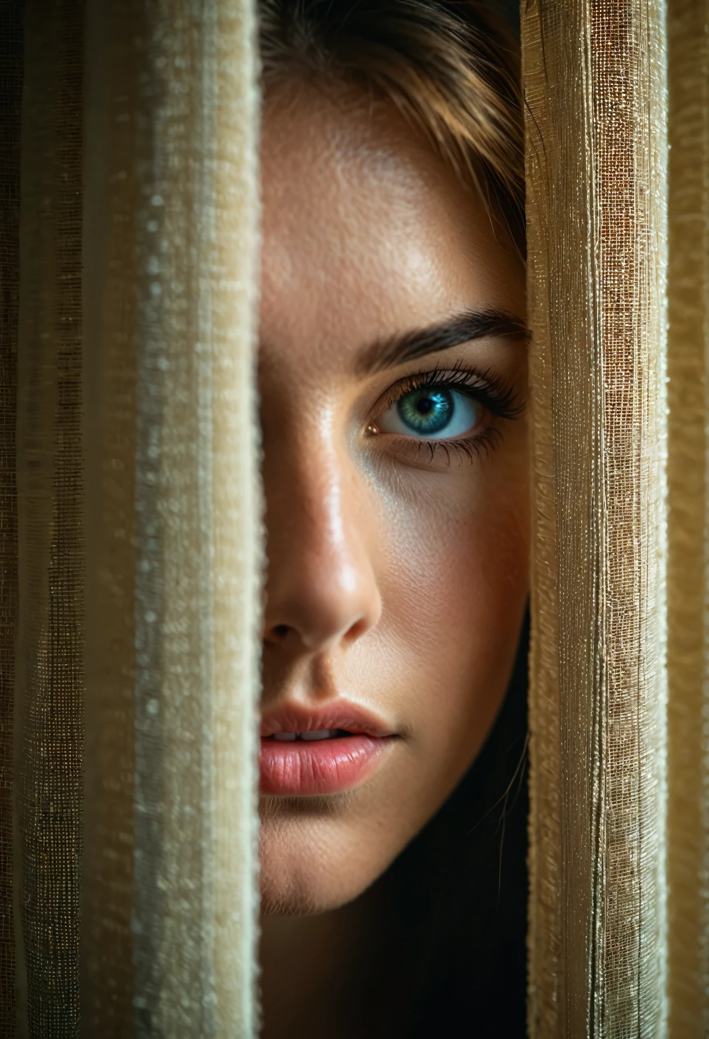 RAW photo, beautiful eyes, macro shot, masterpiece, peeking from behind curtains, colorful details, award winning, high detailed, 8k, natural lighting, analog film, detailed skin, amazing composition, intricate details, subsurface scattering, velus hairs, amazing textures, filmic, chiaroscuro, soft light