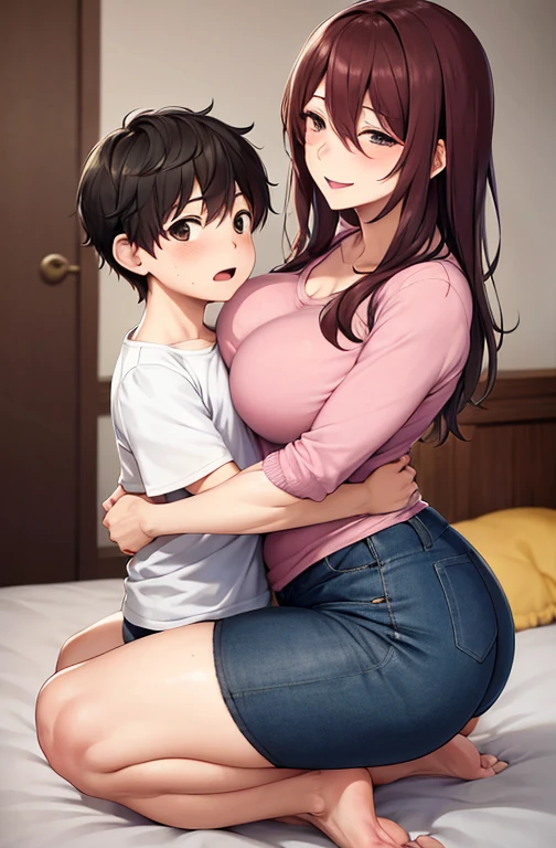 adult mother 50 years old, underwear at home, has sex with his little son, son looks surprised, mother hugs her little son. son inserts penis into mother's pussy.