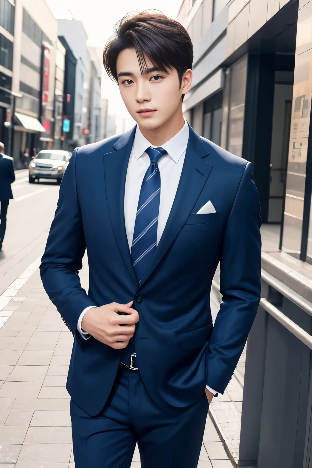 A fresh and handsome 20-year-old new employee、（Super cool guy in a suit）、Japan male, 20 years old、1 person、Businessman、Ultra-luxury suits、Striped suit、　office、Young handsome man standing in a suit、（High-definition photos in 8K）、（Very detailed handsome man）、Photo realistic）、（highest quality）、Ultra-detailed、masterpiece、Ultra HD、expensive、Very beautiful hair、Bright photo、Handsome like a model、Handsome like an idol、Luxury Watches、