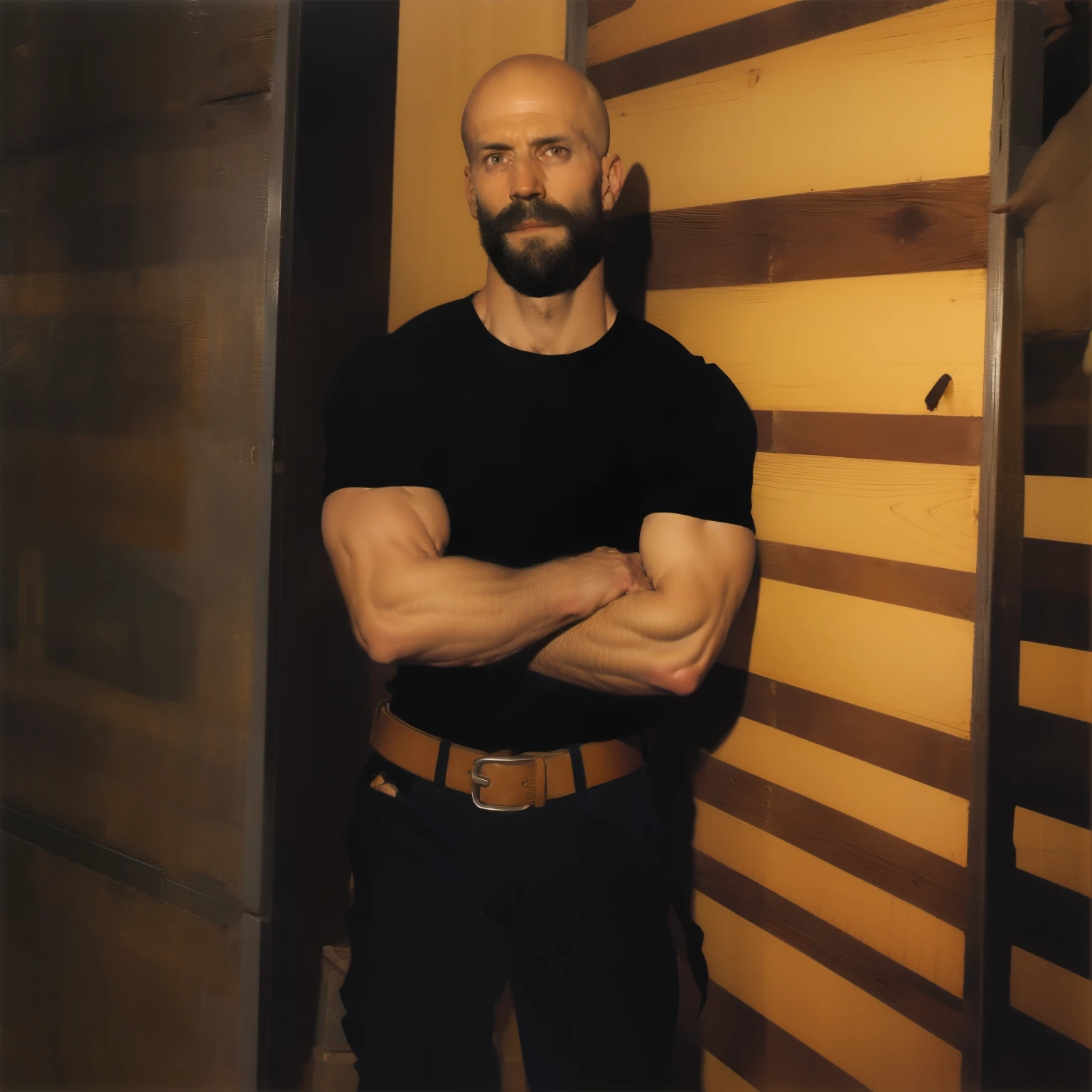 tall bald handsome man with beard, daddy, full body dark tattoos, lean fit body, soccer shirt, 30yo, dynamic lighting, lean body, loose cargo plants pants, character sheet, full body shot, ripped pants, belt, holster, carpenter, sweaty