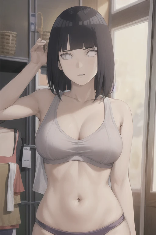 masterpiece, absurdres , (intricate details), (colorful),cinematic lighting,bust shot,extremely detailed CG unity 8k wallpaper ,hinata\(boruto\), 1girl, solo,mature female, arm up, looking at viewer, sports bra, locker room,cowboy shot,