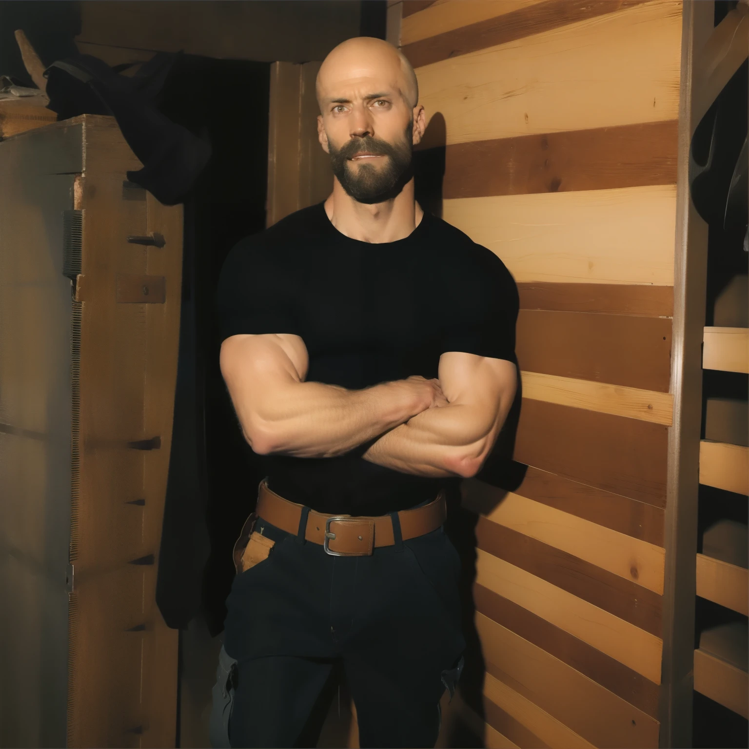 tall bald handsome man with beard, daddy, full body dark tattoos, lean fit body, soccer shirt, 30yo, dynamic lighting, lean body, loose cargo plants pants, character sheet, full body shot, ripped pants, belt, holster, carpenter, sweaty