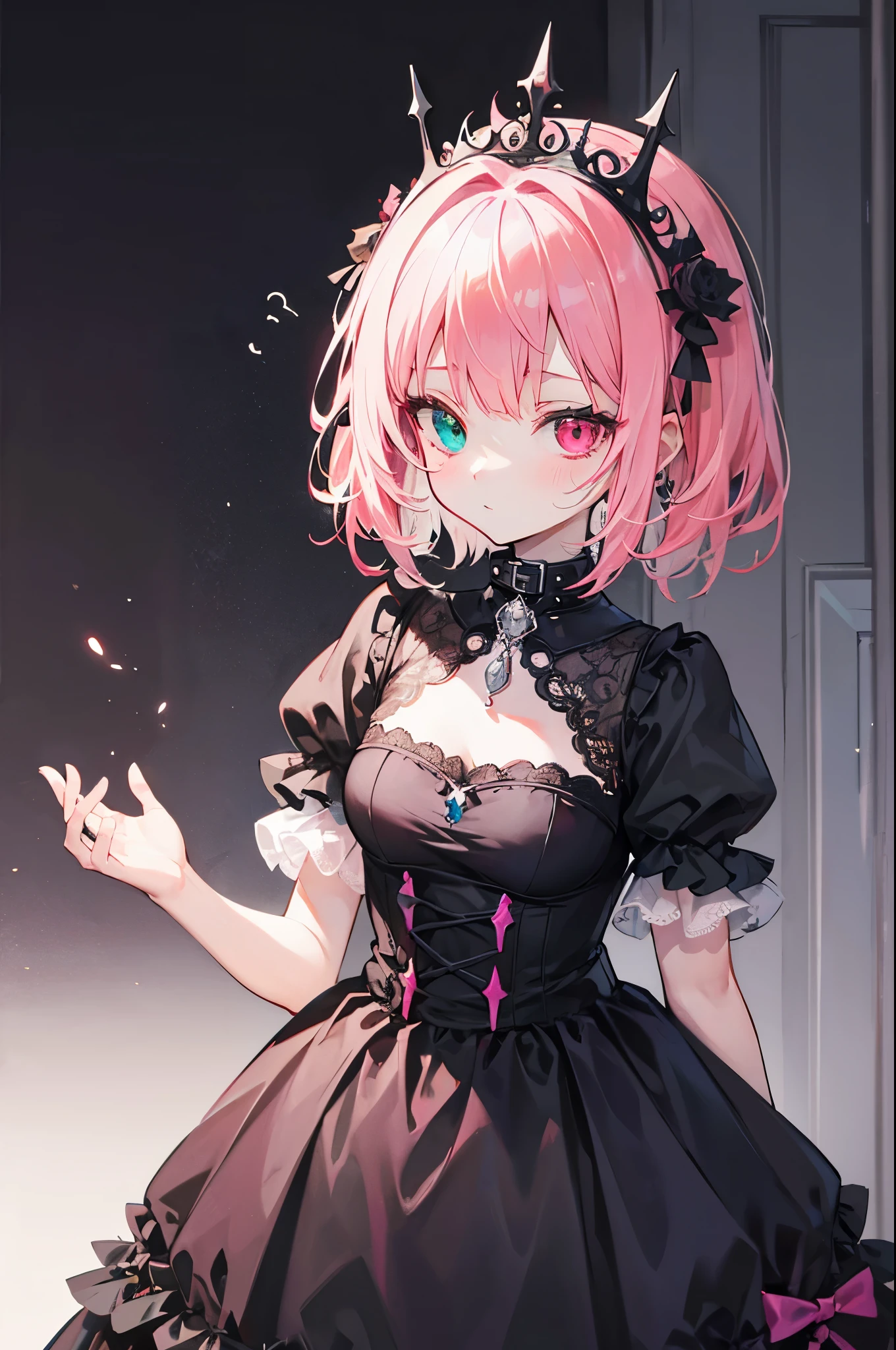 Pink Hair, Heterochromia, short hair, Gothic Lolita, Dark Goth, collar,crown tiara,pride,alone,