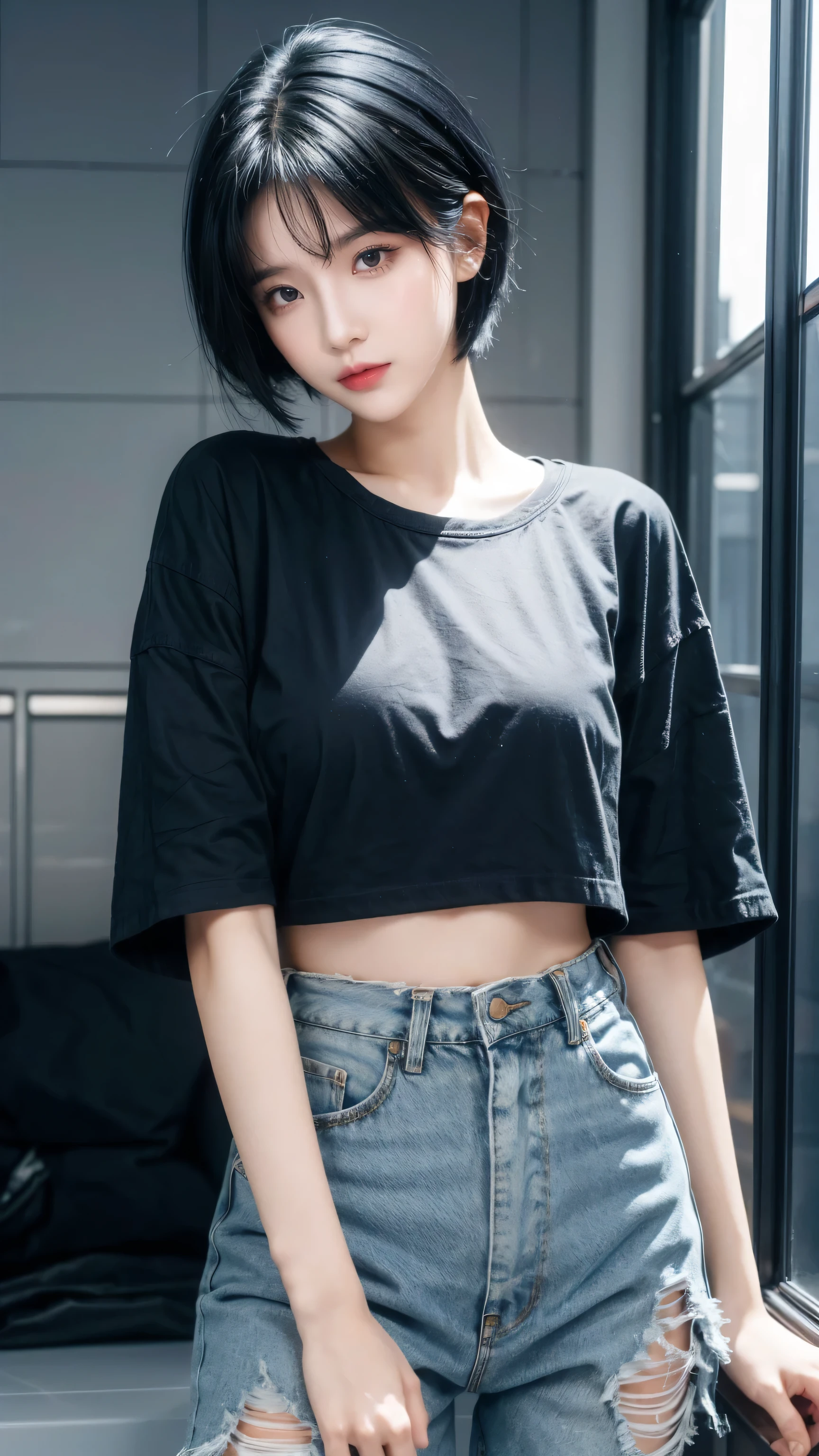 best quality, 1 Girl, dark blue hair, black eyes, Very short hair, Spiky hair,blue oversize t-shirt, High waist short jeans, 171 cm, Messy hair, Hair between the eyes, Medium , full, Tomboy, aldult, 20 years old, 1 Girl