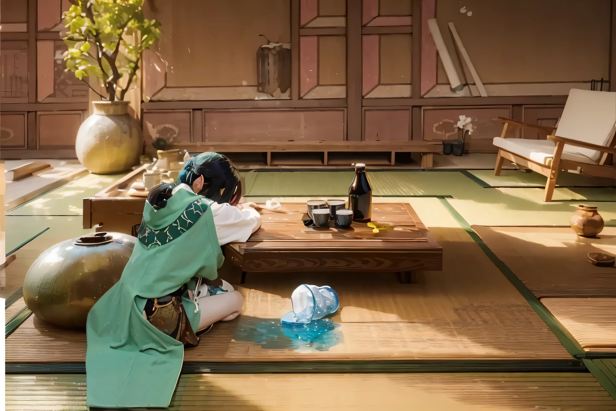 ((VENTI_GENSHIN IMPACT)),((realistic, photorealistic)),(highlight hair)), Light reflection, (( HD )),((upper body)), (((best quality, masterpiece))), (masterpiece) (best quality) (detail) (8k) (HDR) (wallpaper) (cinematic lighting) (sharp focuasterpiece, best quality: 1.1), Real life adaption of this character, realistic outfit, realistic shadow, realistic light, realism, hyper realistic,realistic hair, realistic background,(photorealistic:1.2), 1girl,Japanese dining room background, Japanese sake, falling glass, spilled water, drunkenness,Water on the floor,